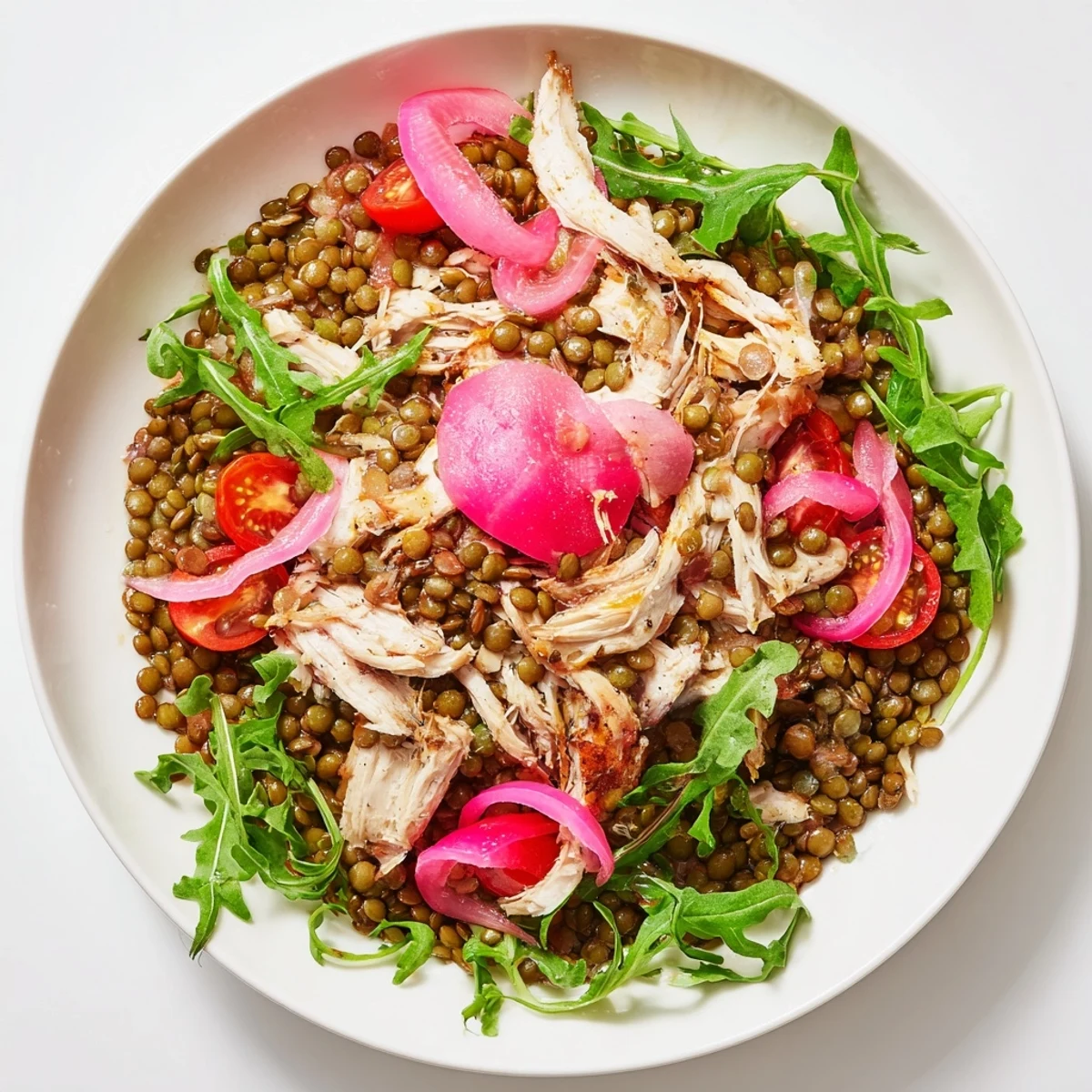 A close-up of the Lentil & Chicken Spring Salad showing tender lentils, shredded roasted chicken, peppery arugula, pickled red onions, and halved cherry tomatoes drizzled with mustard dressing.  