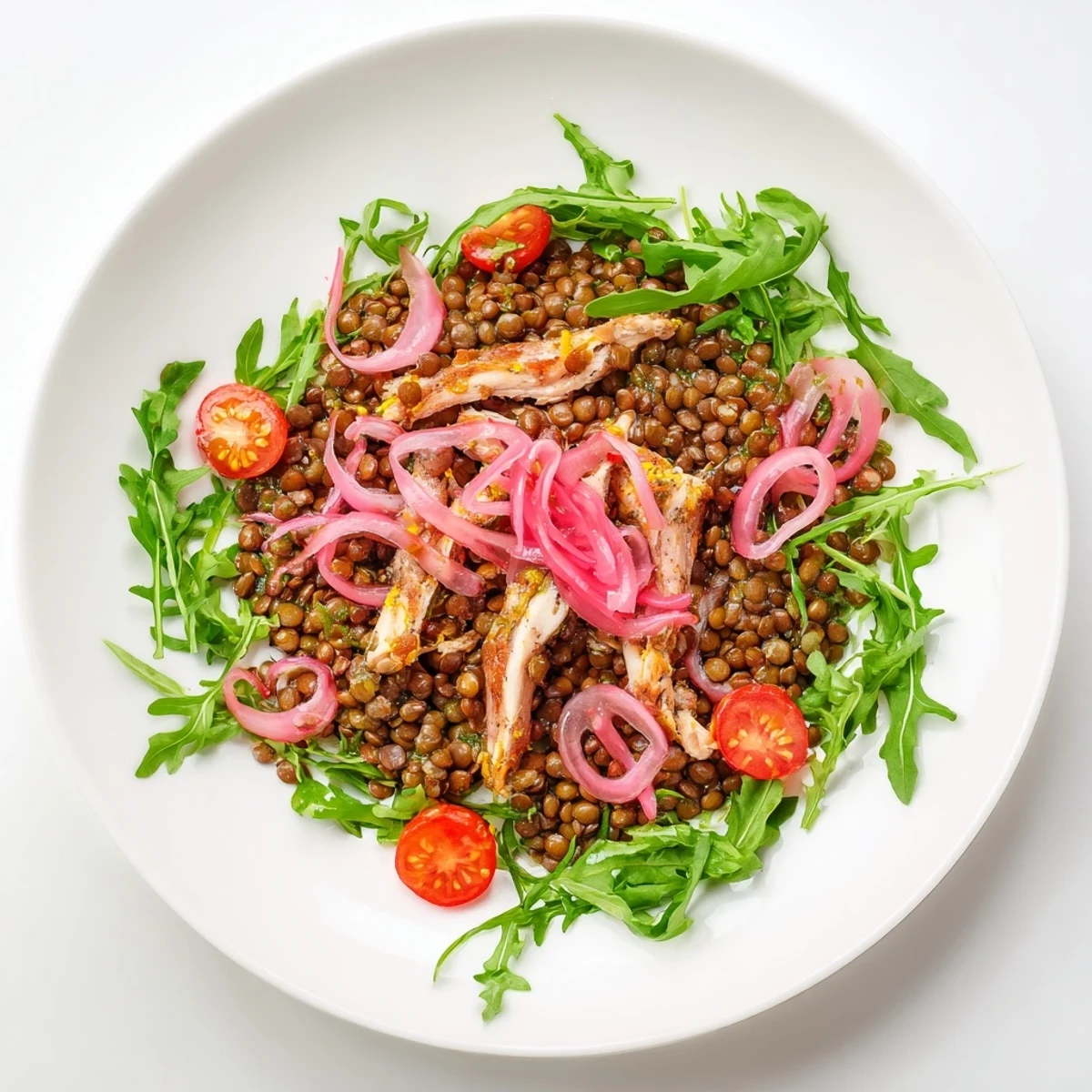 A vibrant serving of Lentil & Chicken Spring Salad with hearty lentils and juicy chicken atop fresh arugula, tangy pickled onions, and a glistening mustard vinaigrette.  