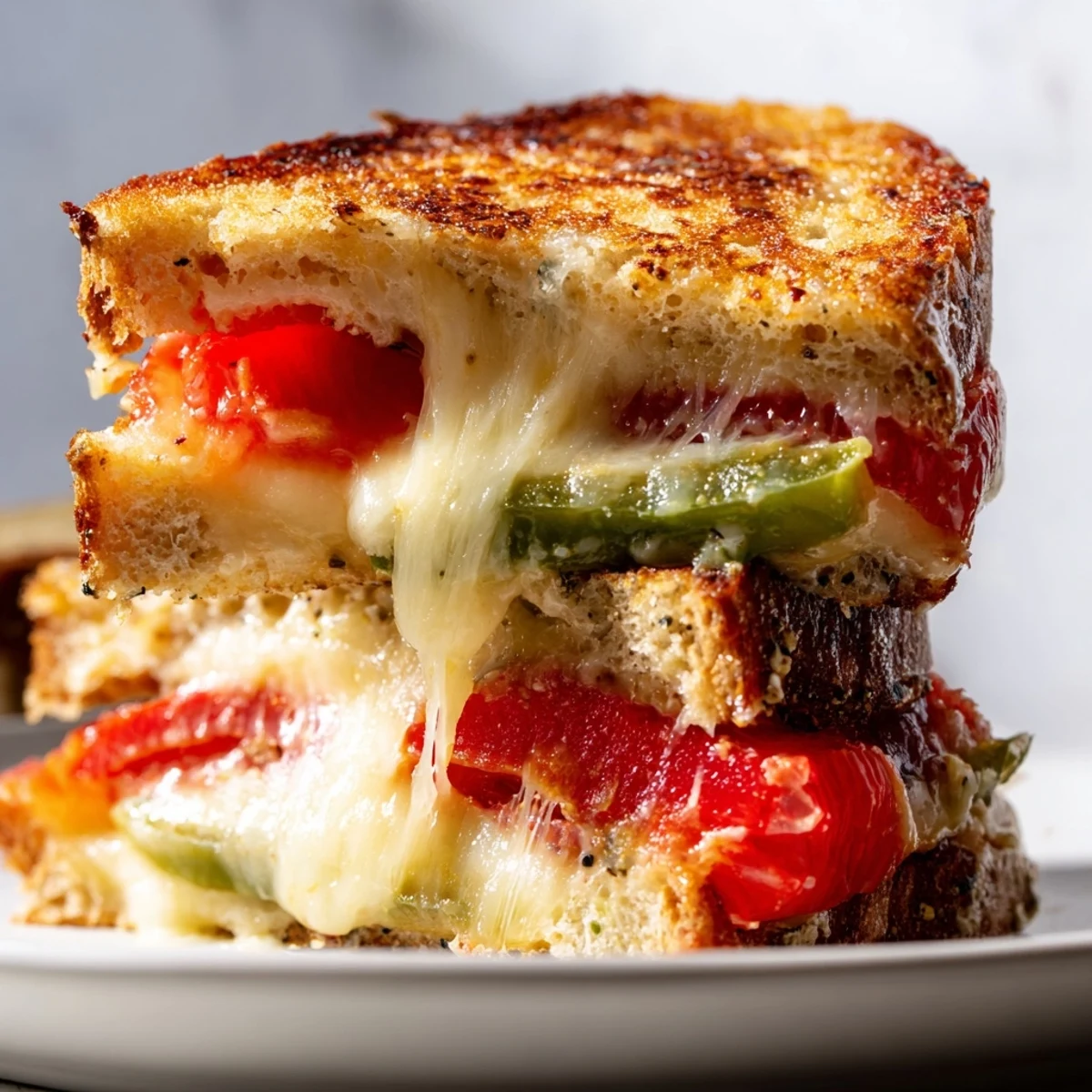 Golden brown Pepper Jack & Tomato Grilled Cheese on jalapeño bread, with melted cheese and fresh tomato slices.