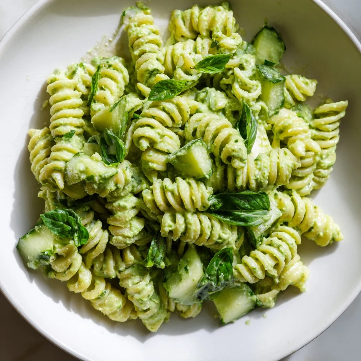 Creamy Green Goddess Pasta Salad with vibrant herbs, crisp cucumber, and tender pasta in a bright avocado-yogurt dressing.