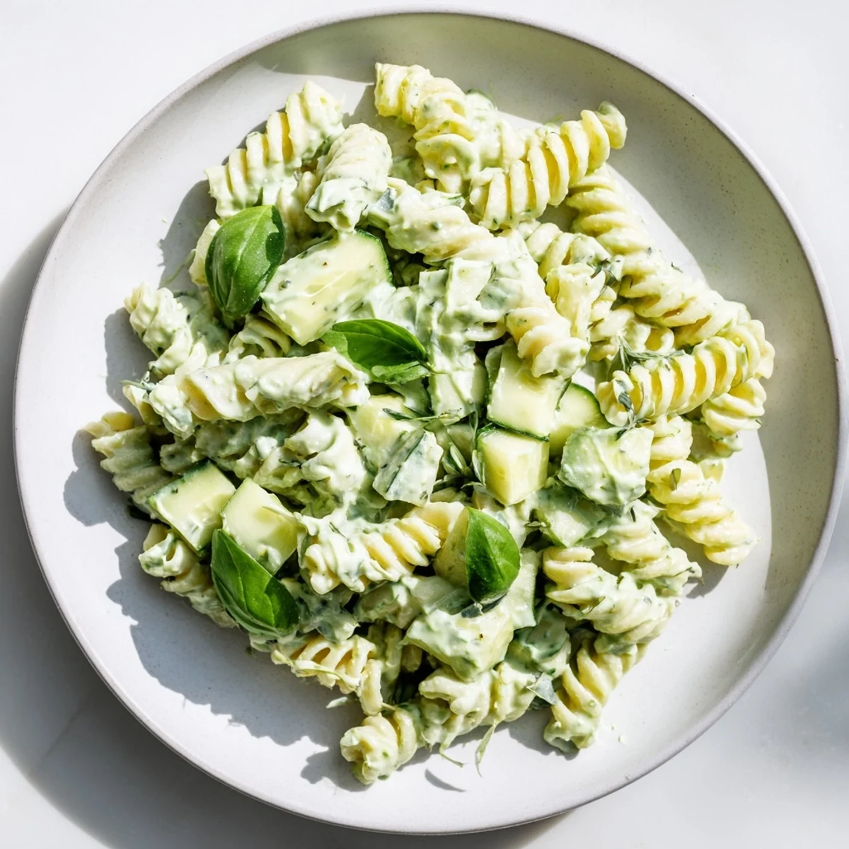 A close-up of chilled Green Goddess Pasta Salad garnished with parsley and chives, featuring fusilli pasta and diced cucumber.