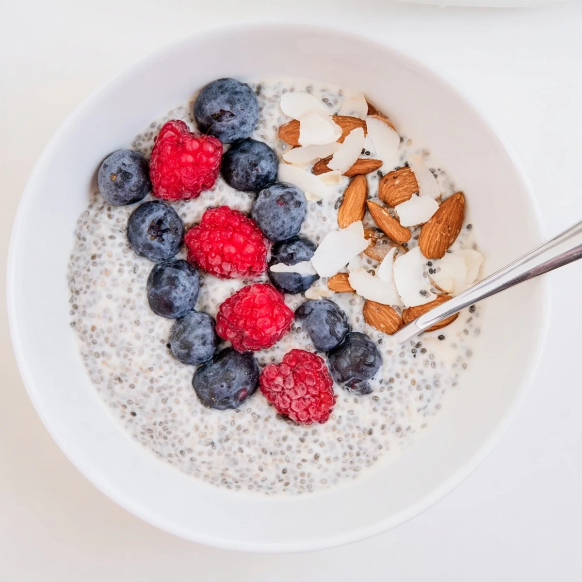 Creamy Poppy Seed Chia Pudding in a glass jar, topped with fresh blueberries and toasted almonds for a nutritious breakfast.  