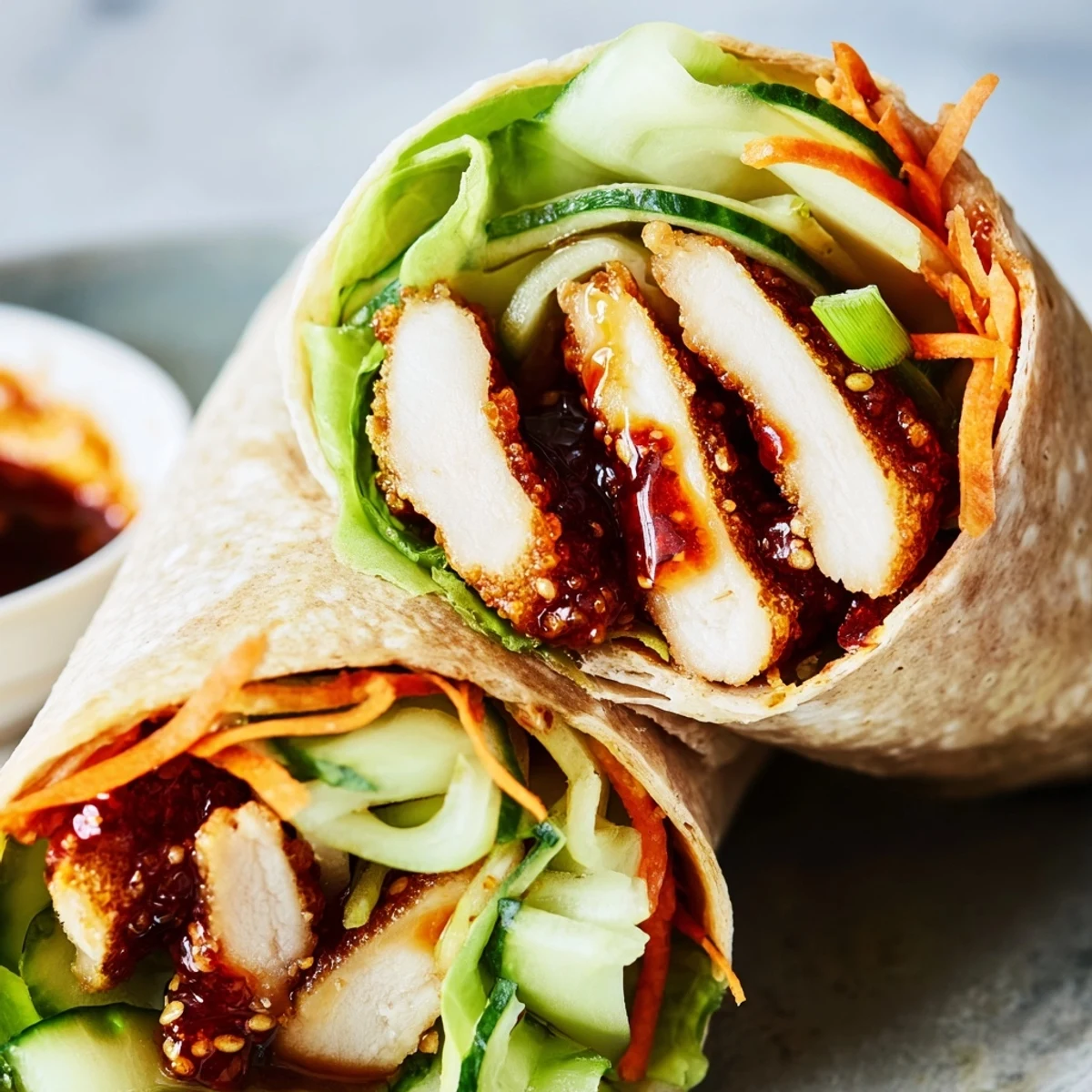 Golden honey chili chicken filling spills from a warm flour tortilla, layered with crisp romaine, cucumber, and shredded carrots.