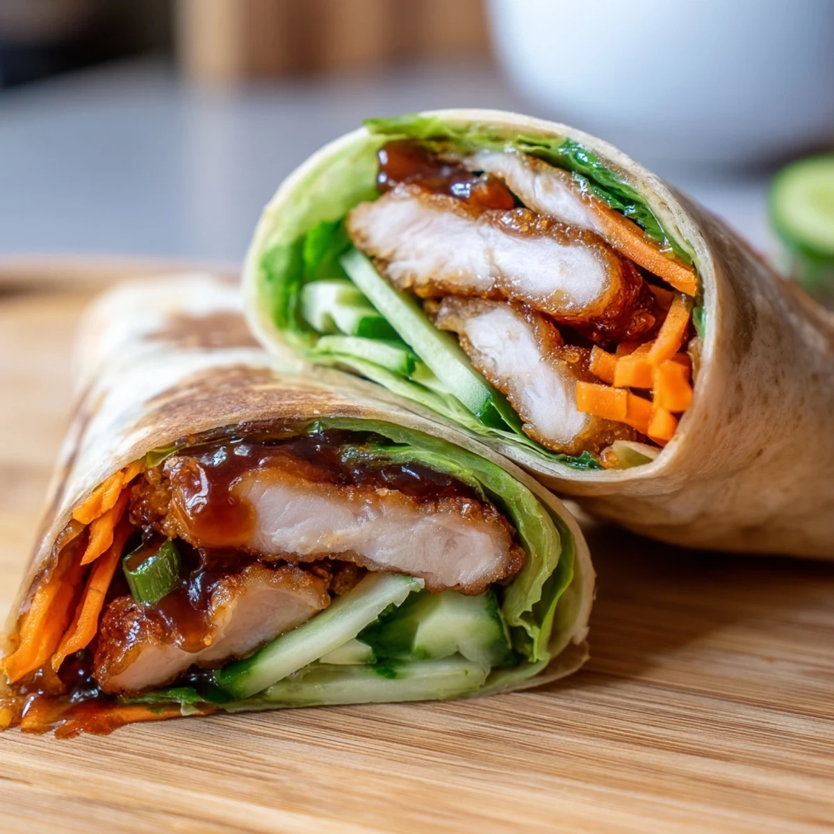 Juicy pan-seared chicken coated in sticky sweet-spicy honey chili crisp sauce in a fresh crunchy wrap.