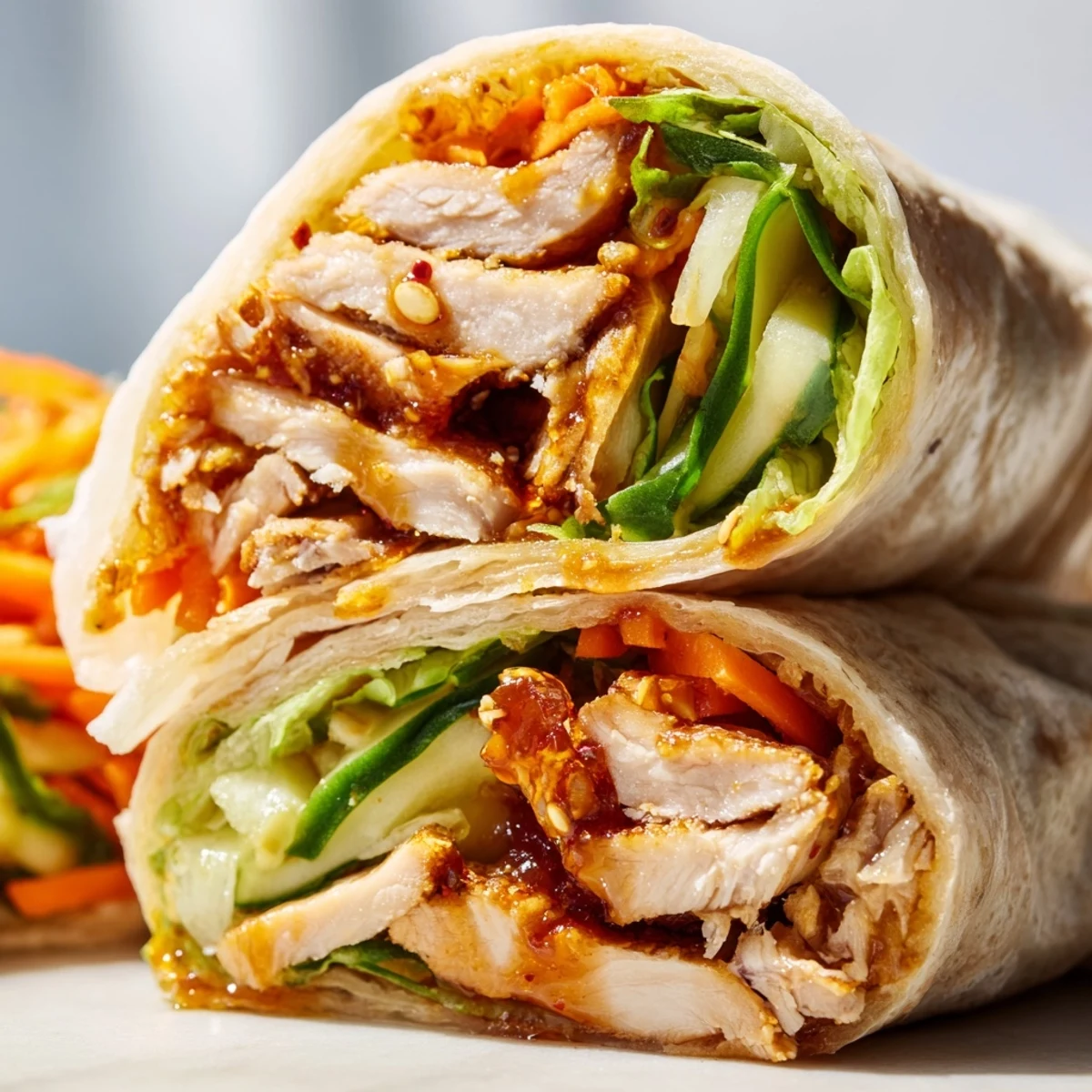 Halved Honey Chili Crunch Chicken Wrap showing tender meat, vibrant veggies, and creamy mayo inside soft tortilla.