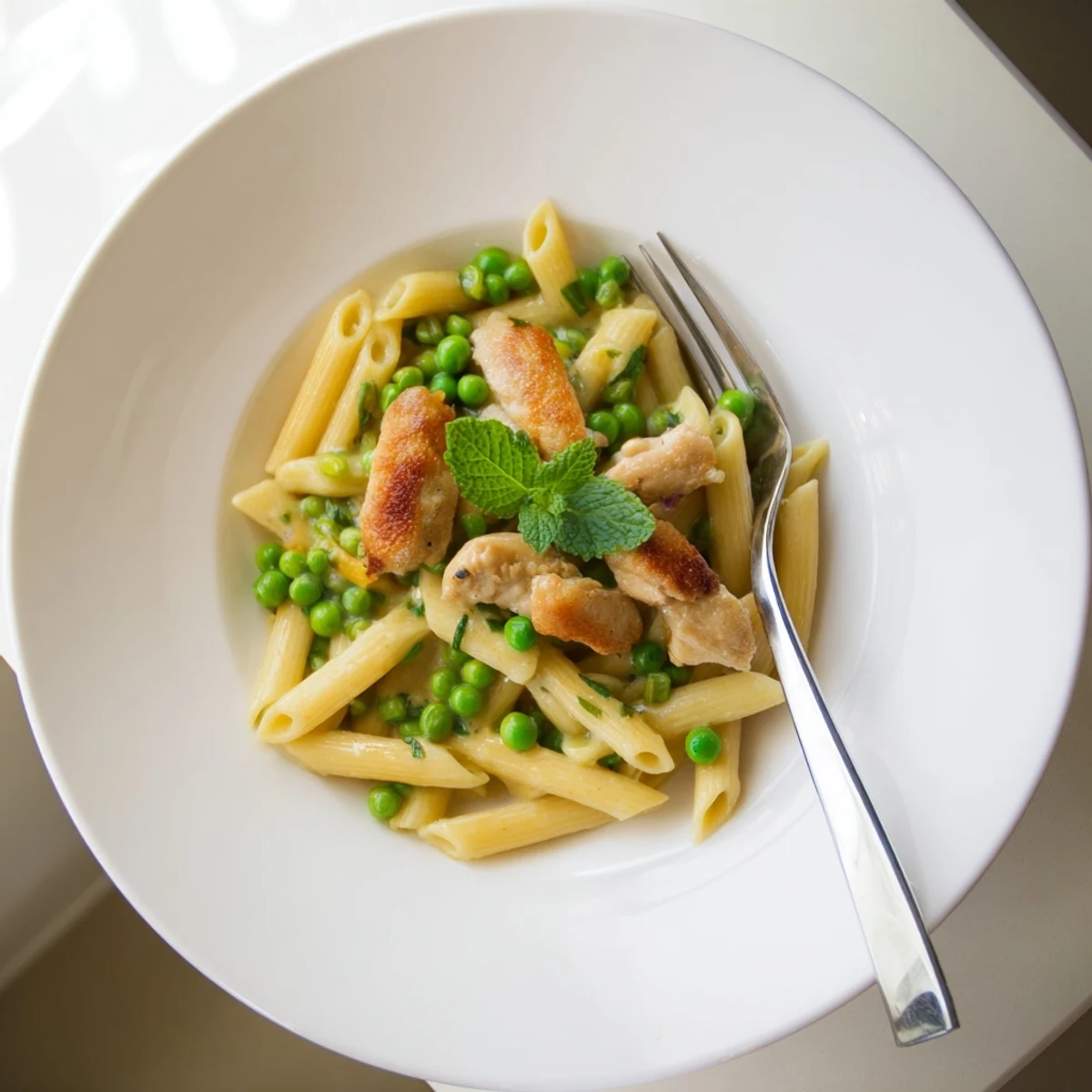 Al dente fusilli pasta tossed with savory chicken, sweet peas, and fresh mint leaves in a creamy Parmesan lemon sauce.