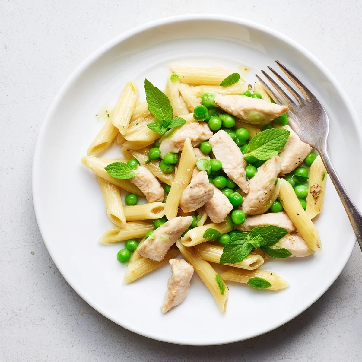 Golden-brown chicken strips mingle with bright green peas and tender penne pasta, all coated in a glossy lemon-mint sauce.