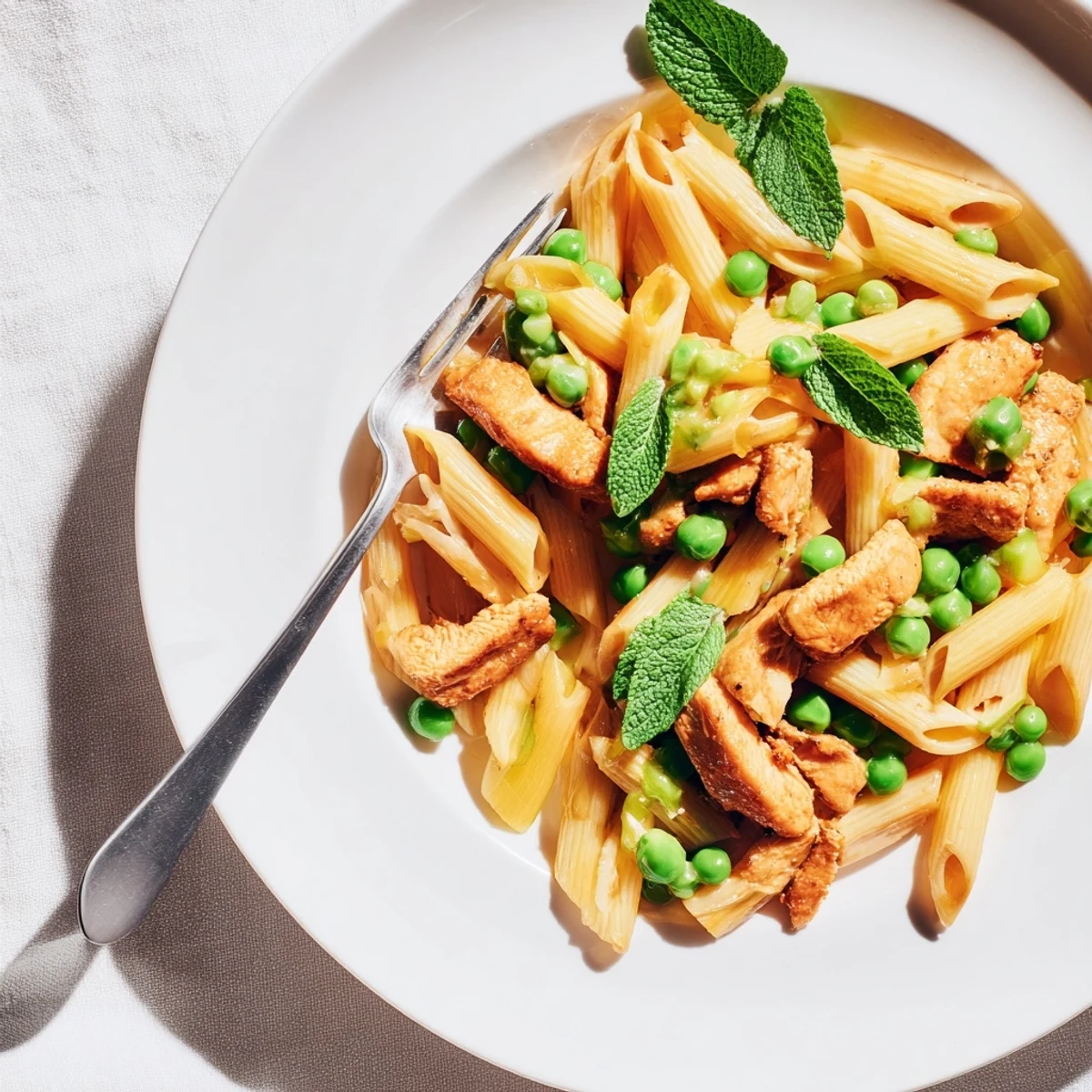 A vibrant spring-inspired plate of Pea & Mint Chicken Pasta, garnished with extra Parmesan and chopped herbs.