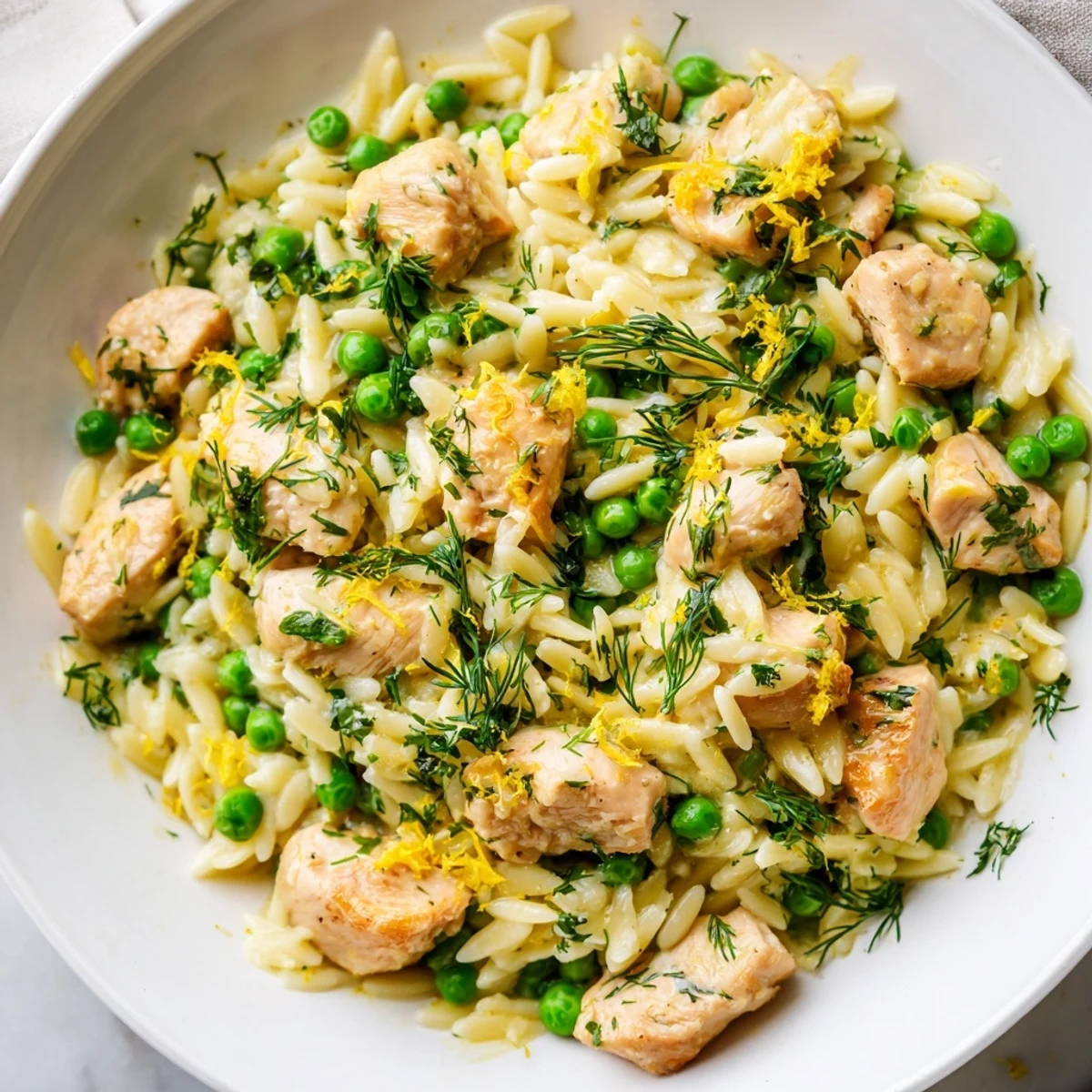 Steaming Lemon Herb Chicken Orzo Skillet with tender peas, fresh parsley, and golden chicken pieces in a bright lemon sauce.  