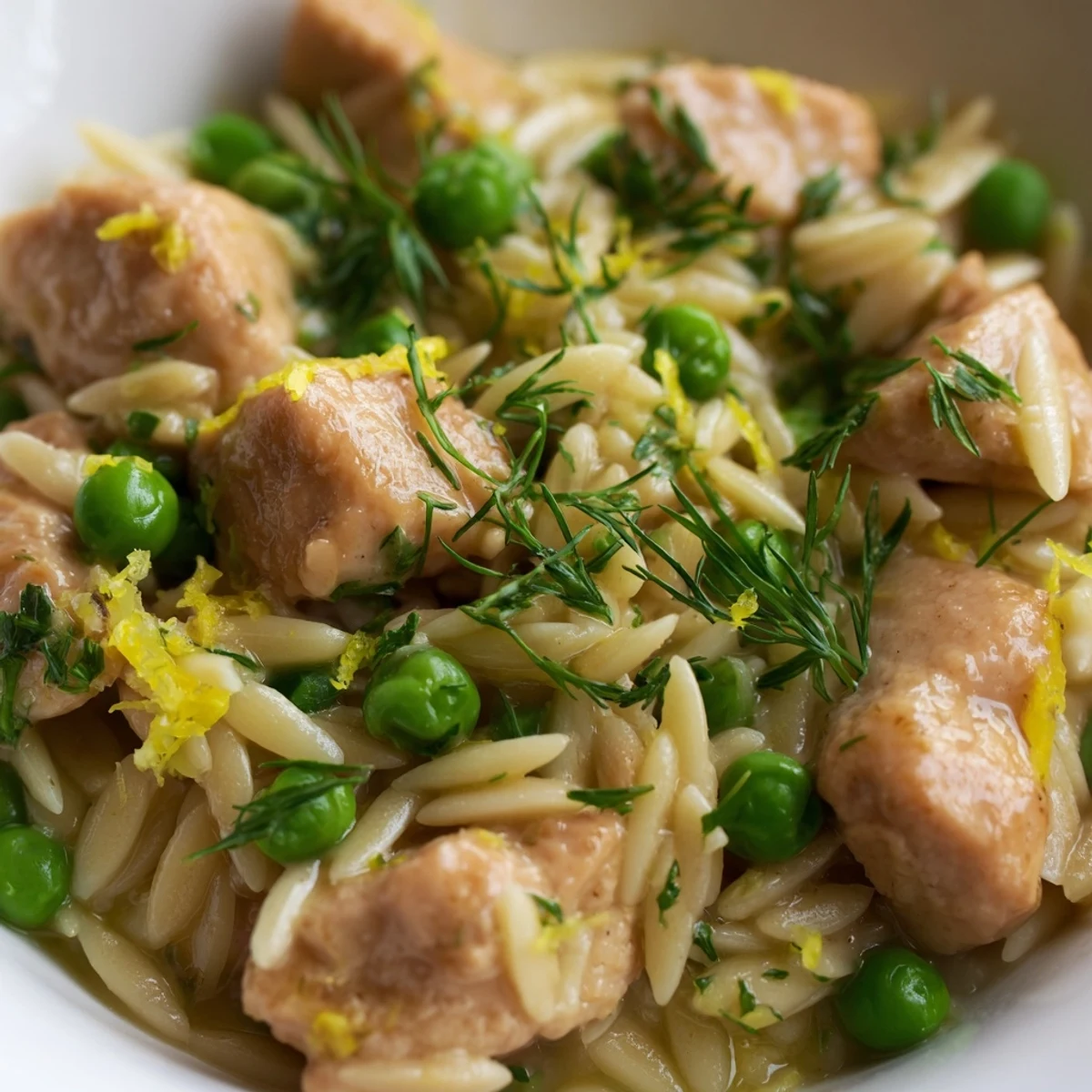 Savory Lemon Herb Chicken Orzo Skillet featuring juicy chicken, orzo pasta, and green peas simmered in a zesty sauce.