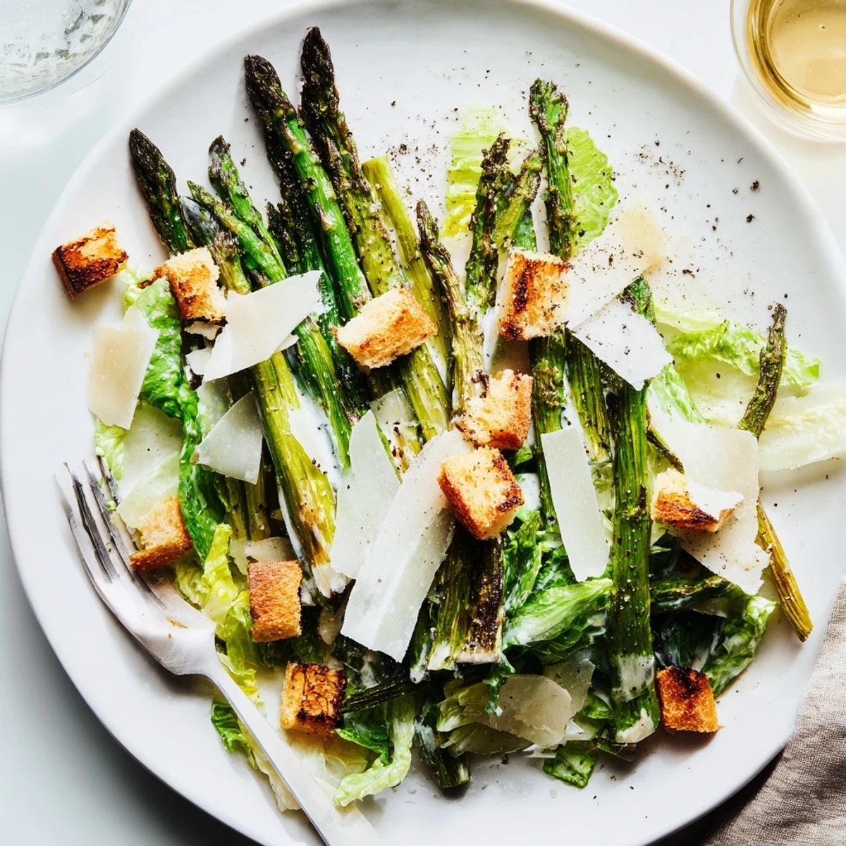 Golden homemade croutons added a crunchy texture to the vibrant Roasted Asparagus Caesar Salad.