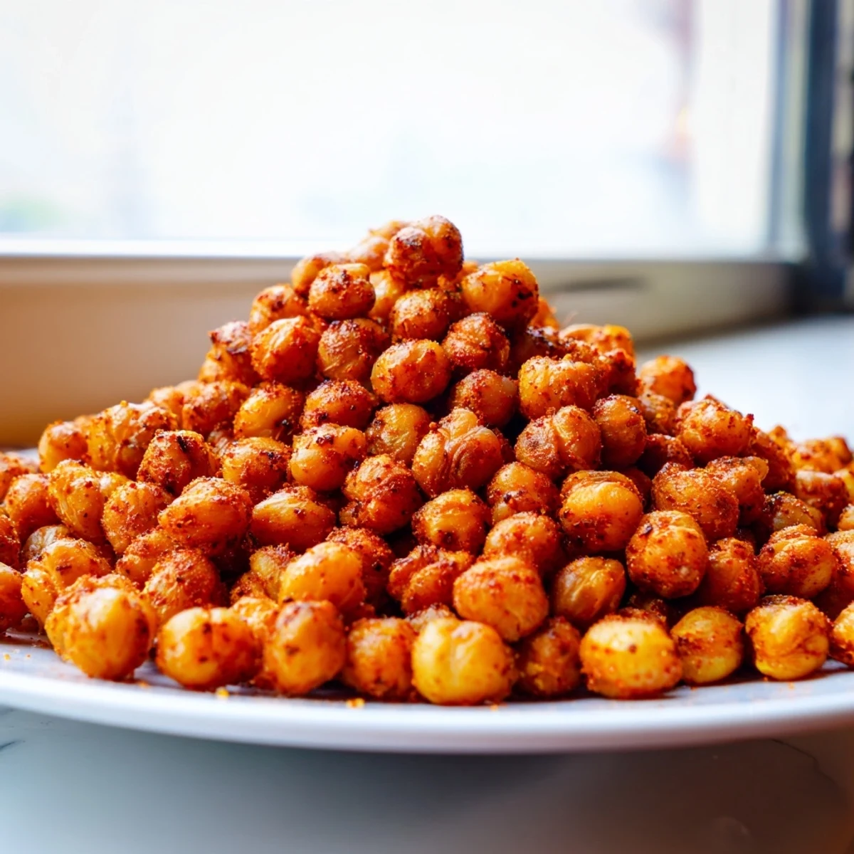 A close-up of golden brown Crispy Chickpea Snack, some slightly split and crunchy, served in a small rustic bowl for healthy munching.