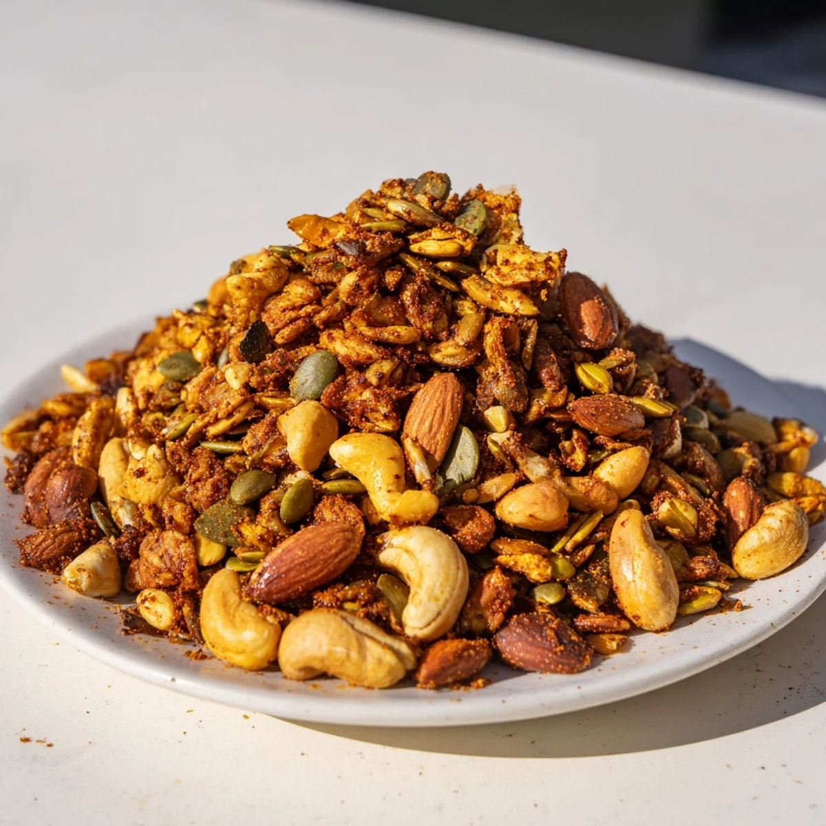 This close-up photo shows the Spiced Nuts and Seeds Mix, featuring a crunchy blend of pumpkin seeds and savory, aromatic spices.  