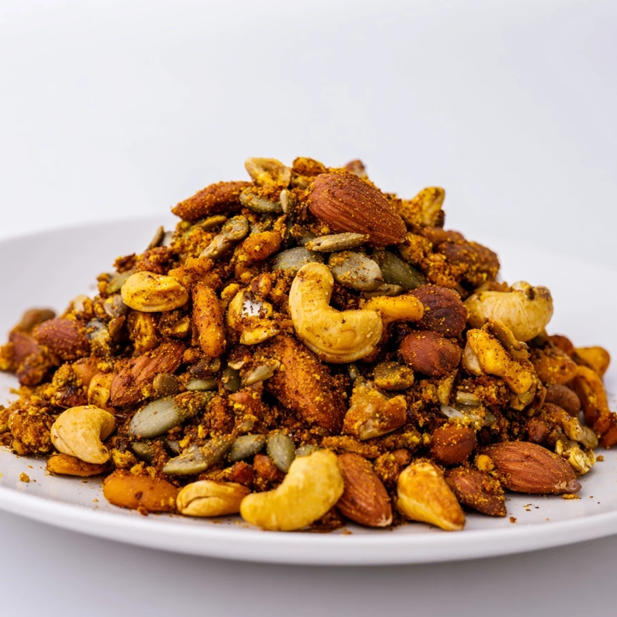 A bowl of freshly baked Spiced Nuts and Seeds Mix is ready to enjoy, offering a healthy, gluten-free snack with a fragrant, smoky aroma.