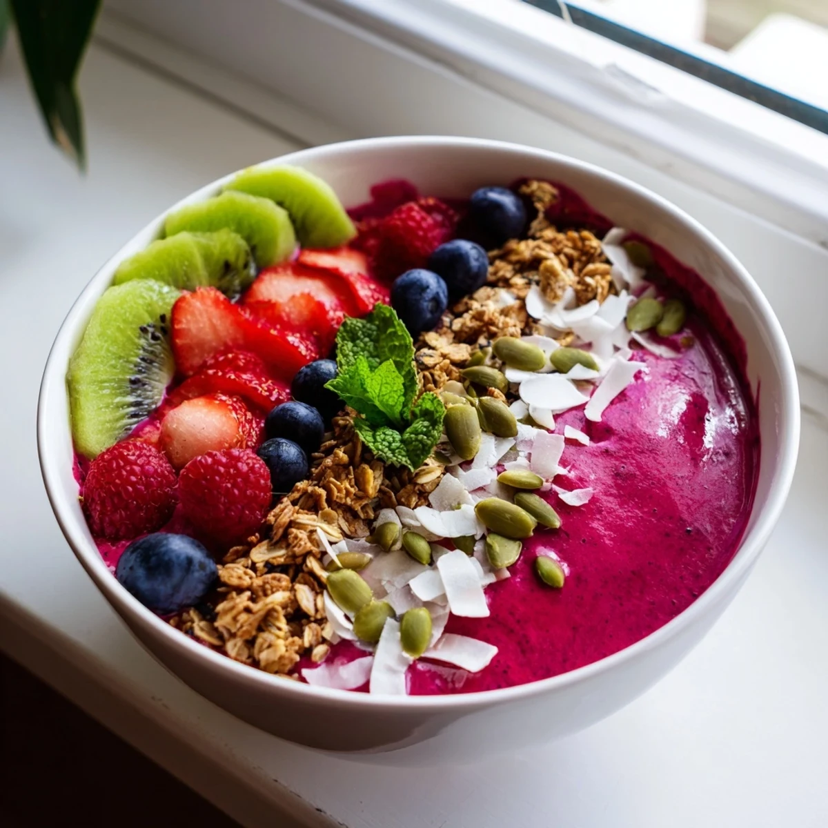 Close-up of a thick Beet and Berry Smoothie Bowl blended with beetroot and mixed berries, garnished with coconut and mint.