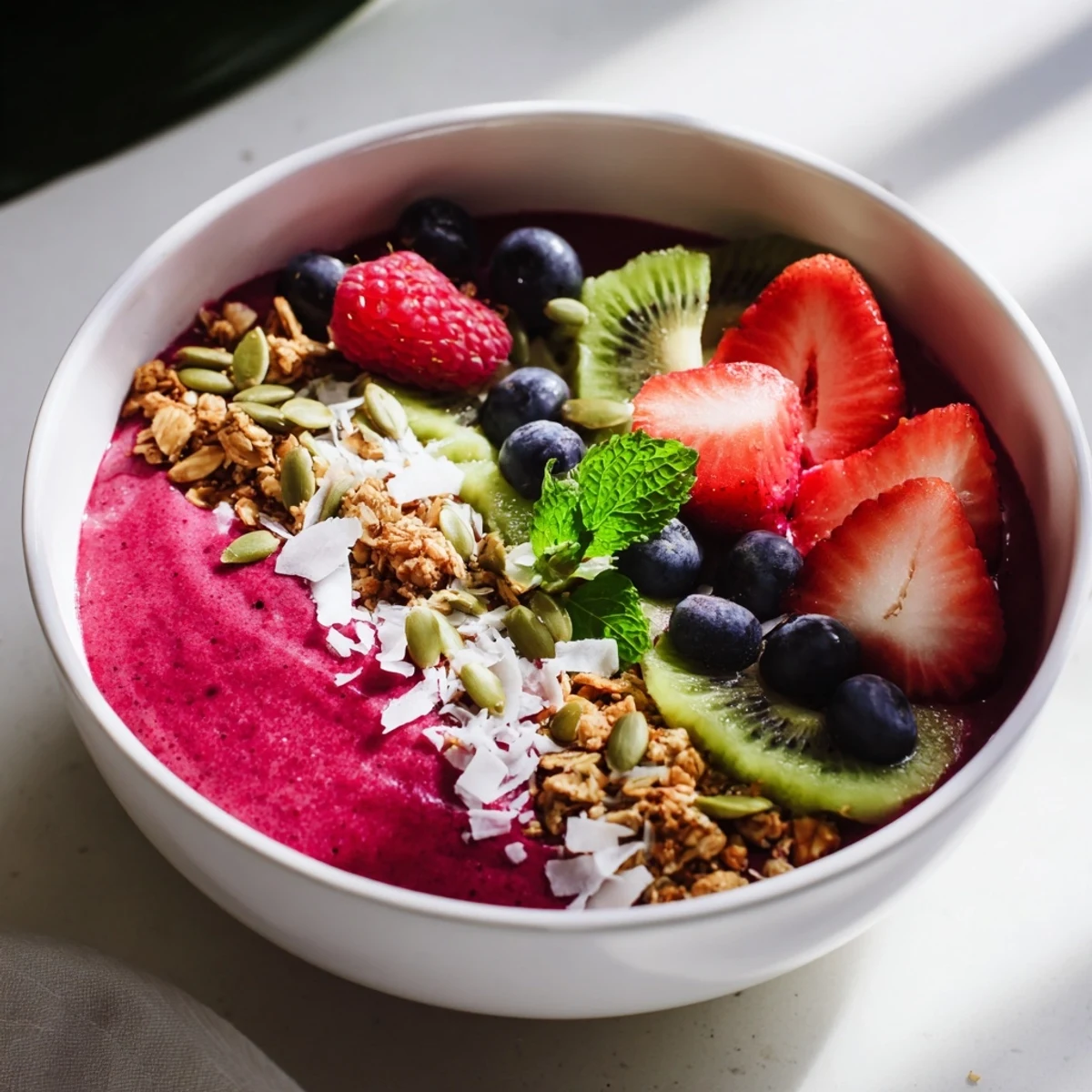 A nutritious serving of Beet and Berry Smoothie Bowl with sliced kiwi, assorted berries, and seeds, perfect for an energizing snack.