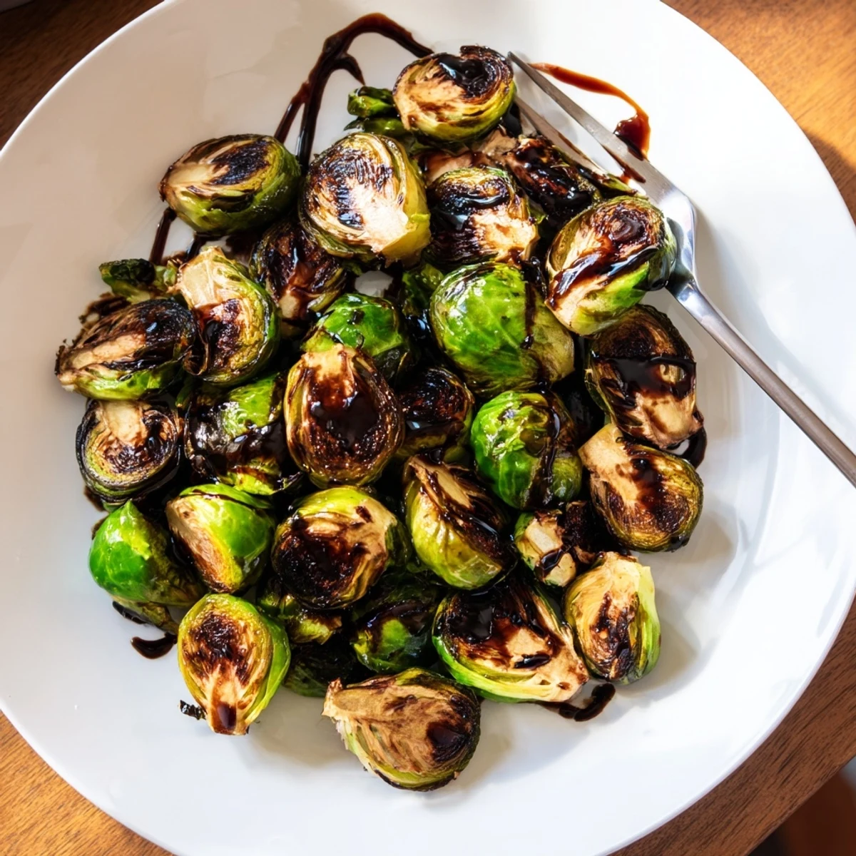 Golden-brown roasted Brussels sprouts with balsamic reduction on a white plate, topped with optional pine nuts.