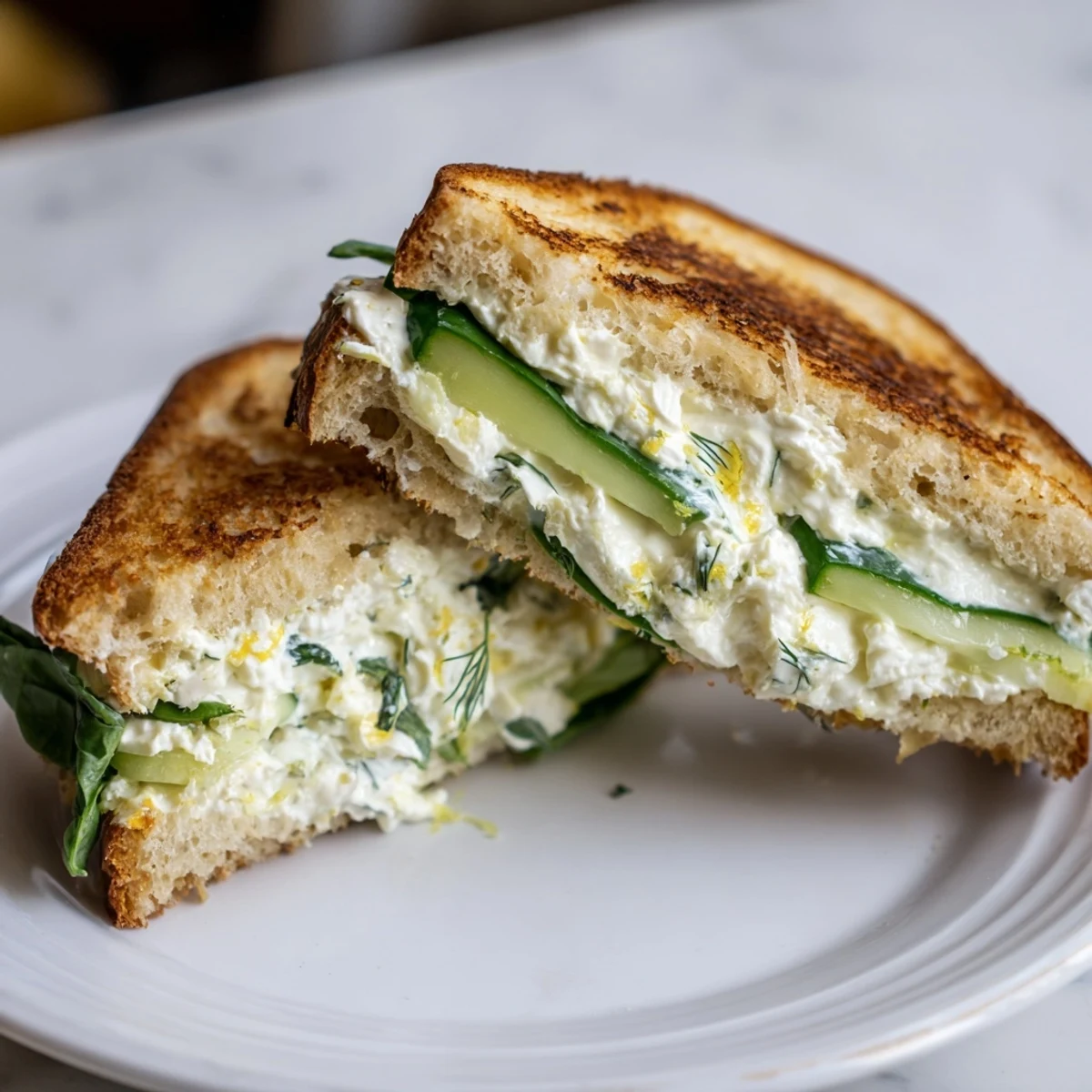Creamy whipped feta grilled cheese with dill and lemon on toasted sourdough, served warm and golden for a bright, springtime lunch.
