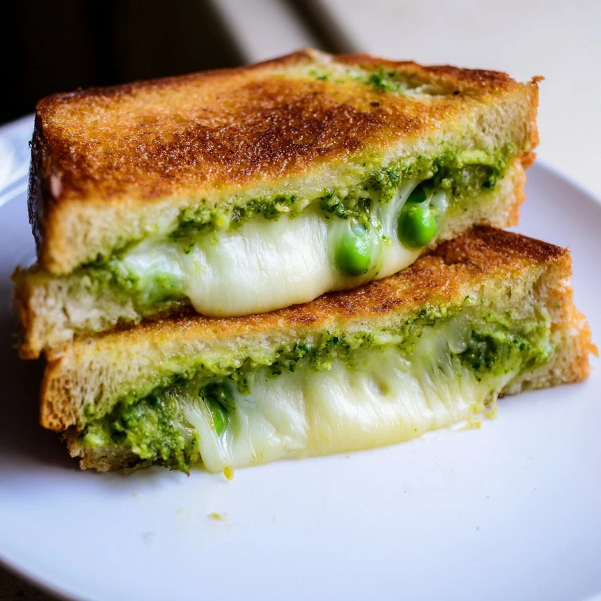 Spring Pea Pesto Grilled Cheese on golden sourdough, with melted mozzarella and vibrant green pesto spread inside.