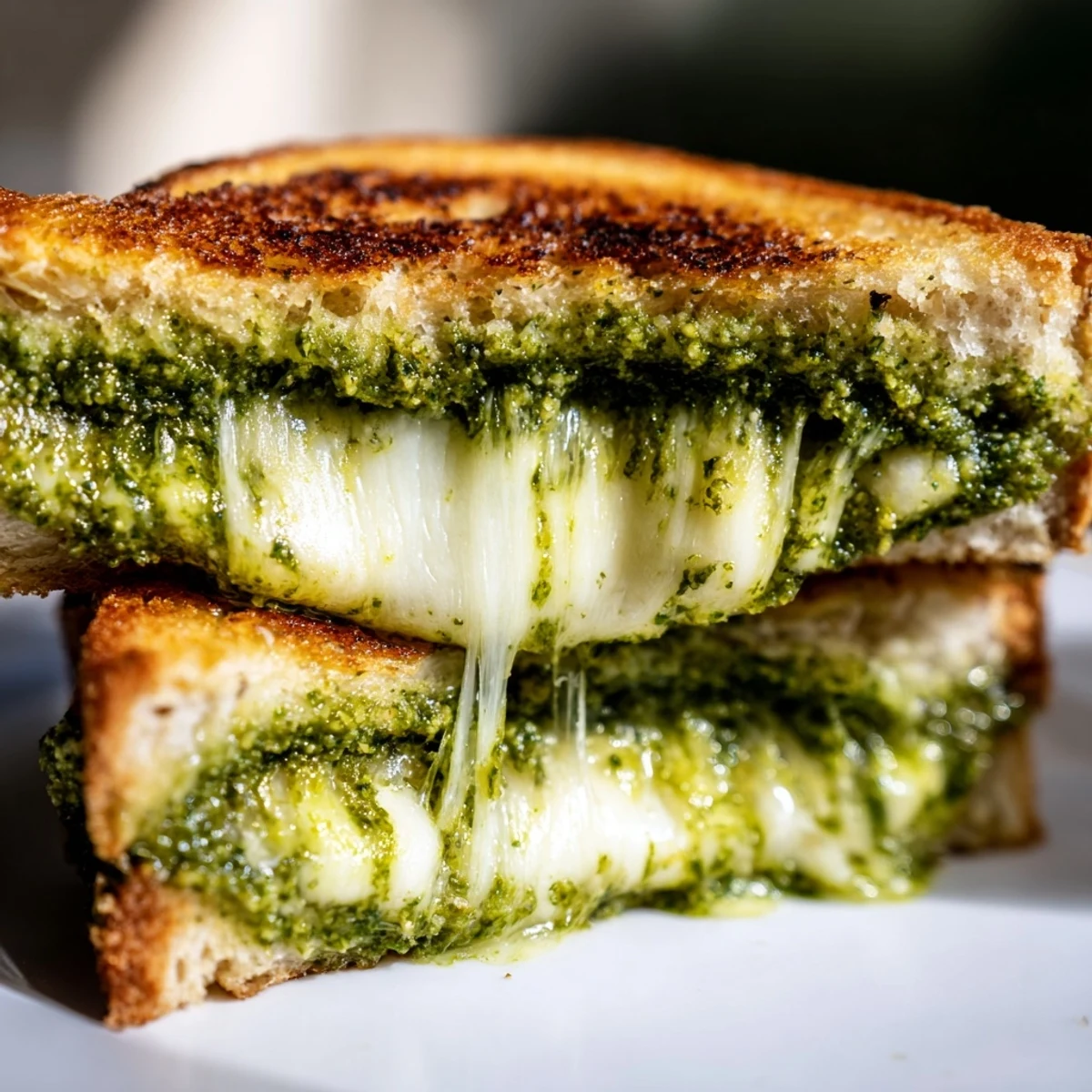 A crispy Spring Pea Pesto Grilled Cheese slice reveals gooey mozzarella and bright pea pesto filling.