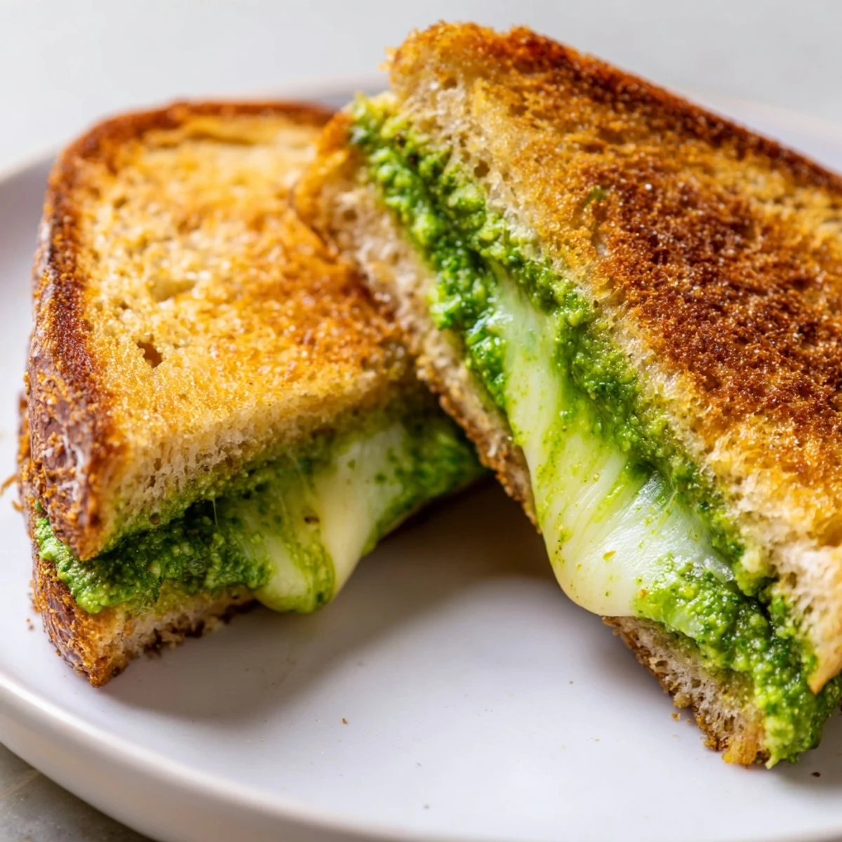Warm Spring Pea Pesto Grilled Cheese sandwich with melty cheese, fresh basil notes, and buttery toasted bread.