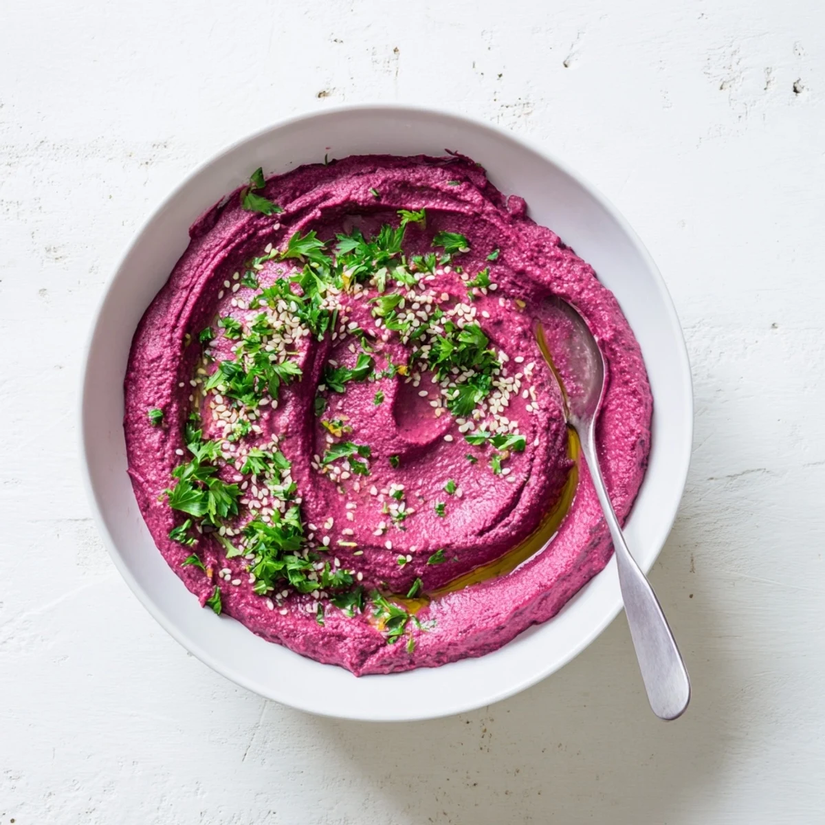 A vibrant pink bowl of homemade Roasted Beet Hummus, garnished with olive oil and fresh parsley, ready for dipping.