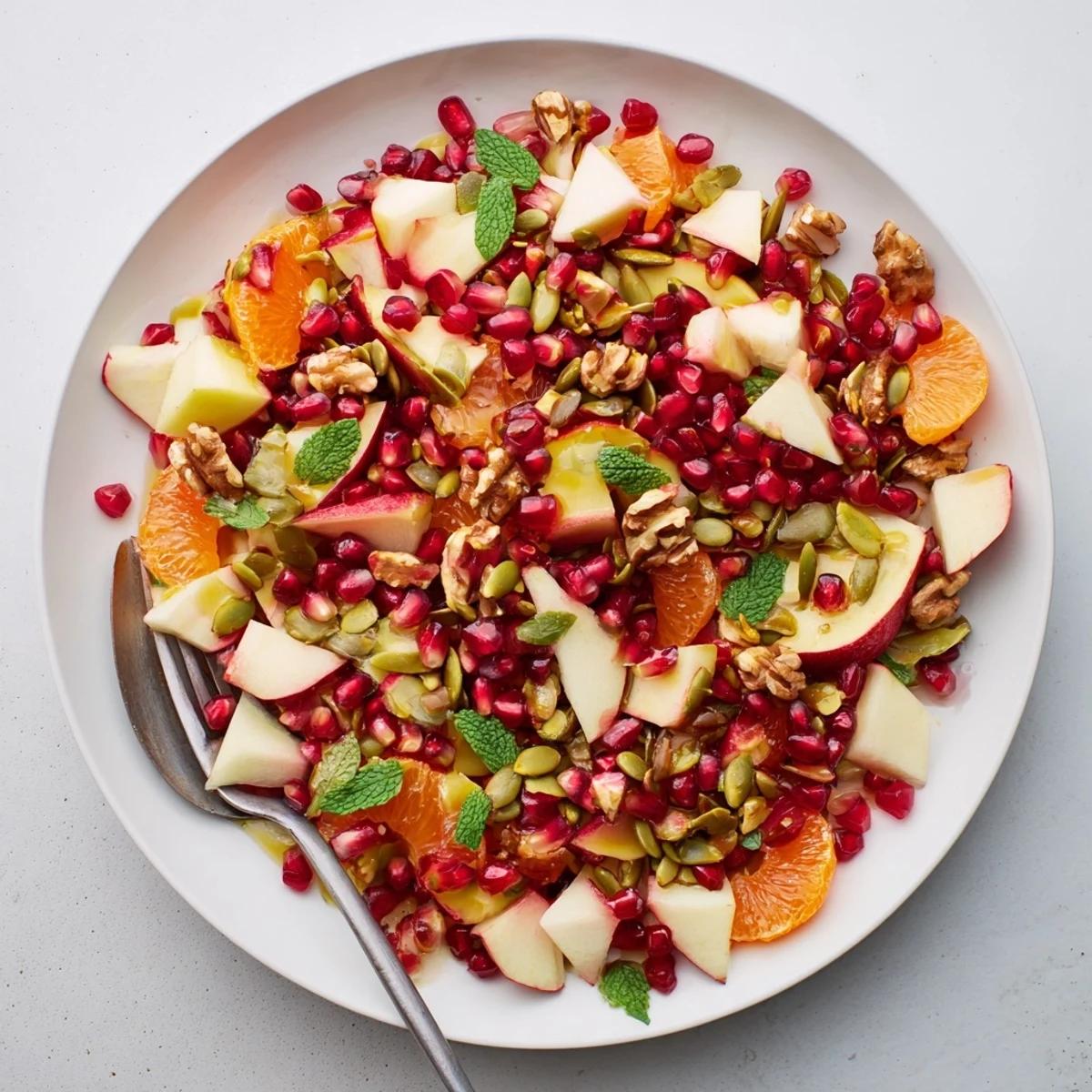 Pomegranate and Walnut Salad with crisp apple, sweet pear, and crunchy walnuts in a golden bowl.