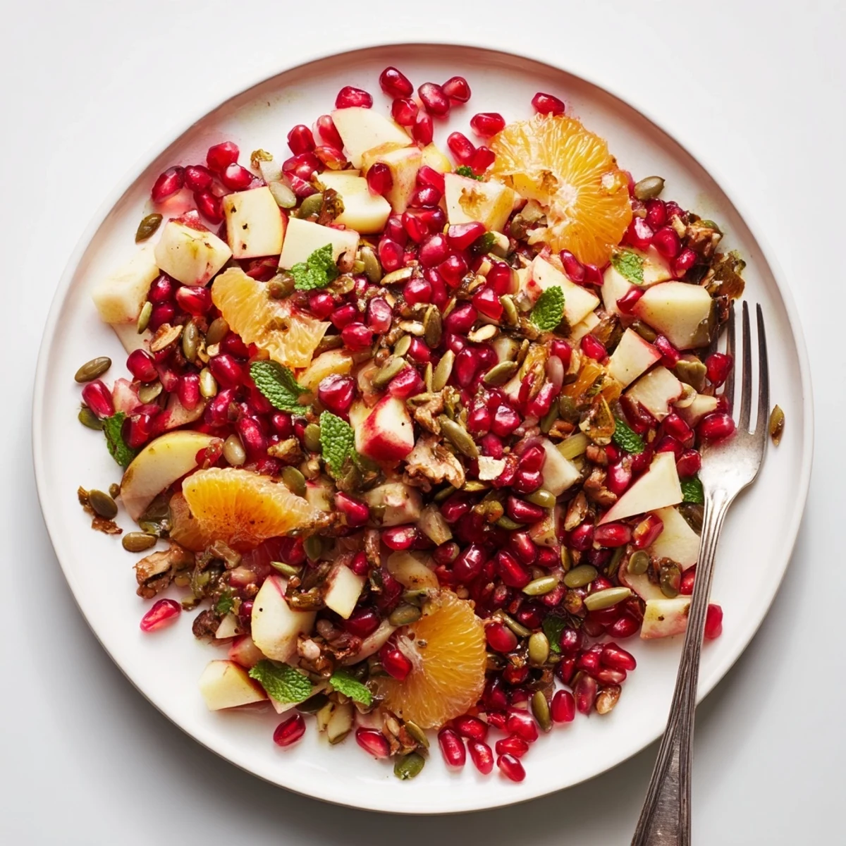 Seasonal pomegranate and walnut salad tossed with olive oil dressing, garnished with fresh mint.