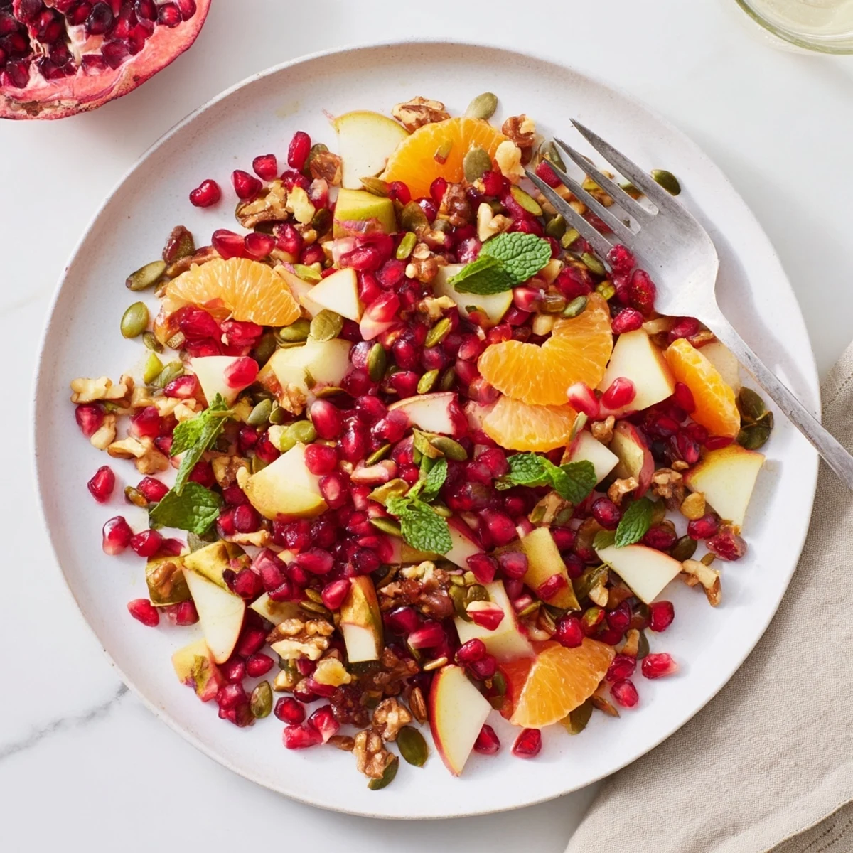 Vibrant pomegranate and walnut salad served with sparkling citrus water, perfect for a light, refreshing lunch.
