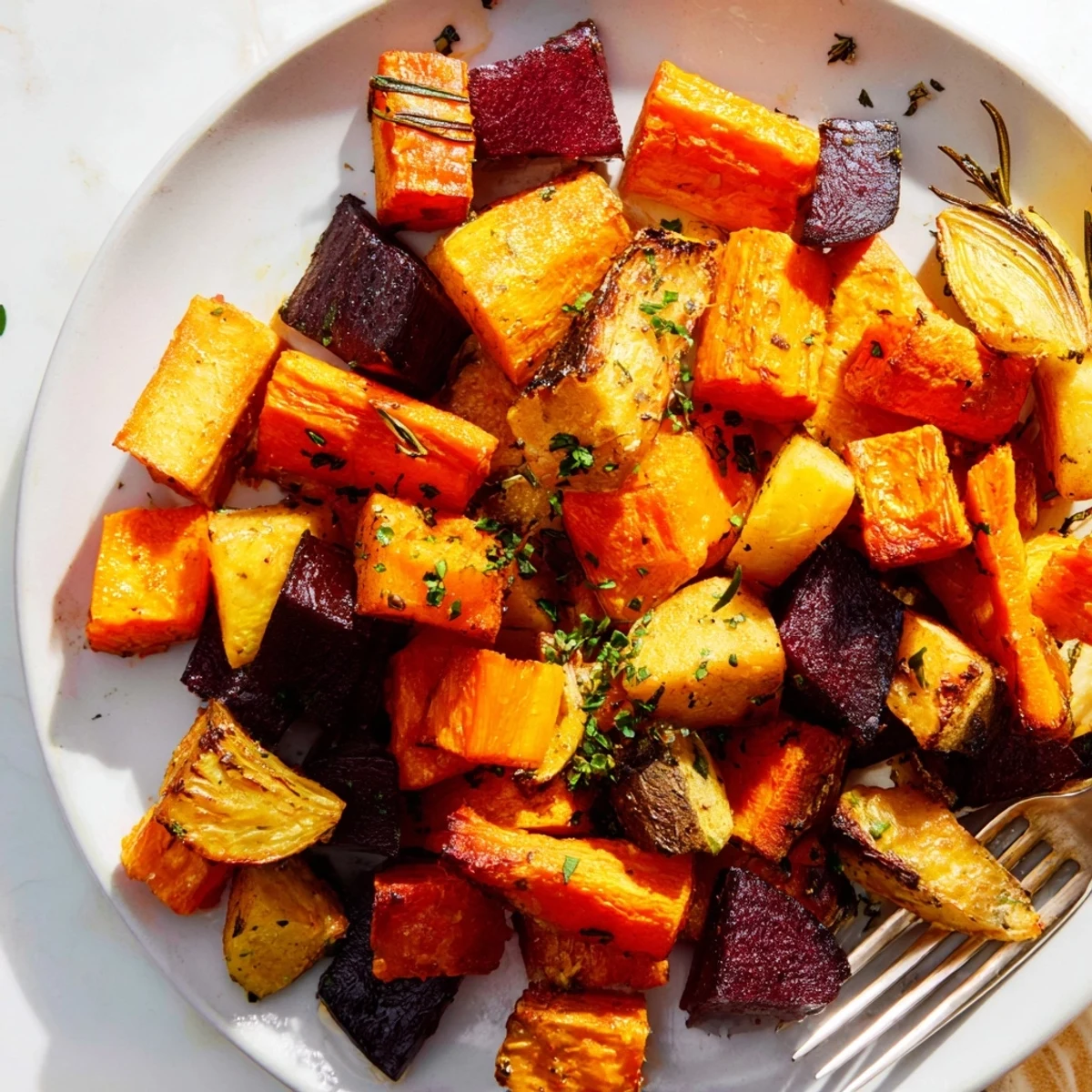 Golden roasted root vegetable medley with carrots, parsnips, and sweet potatoes glistening with olive oil and herbs on a baking sheet.  