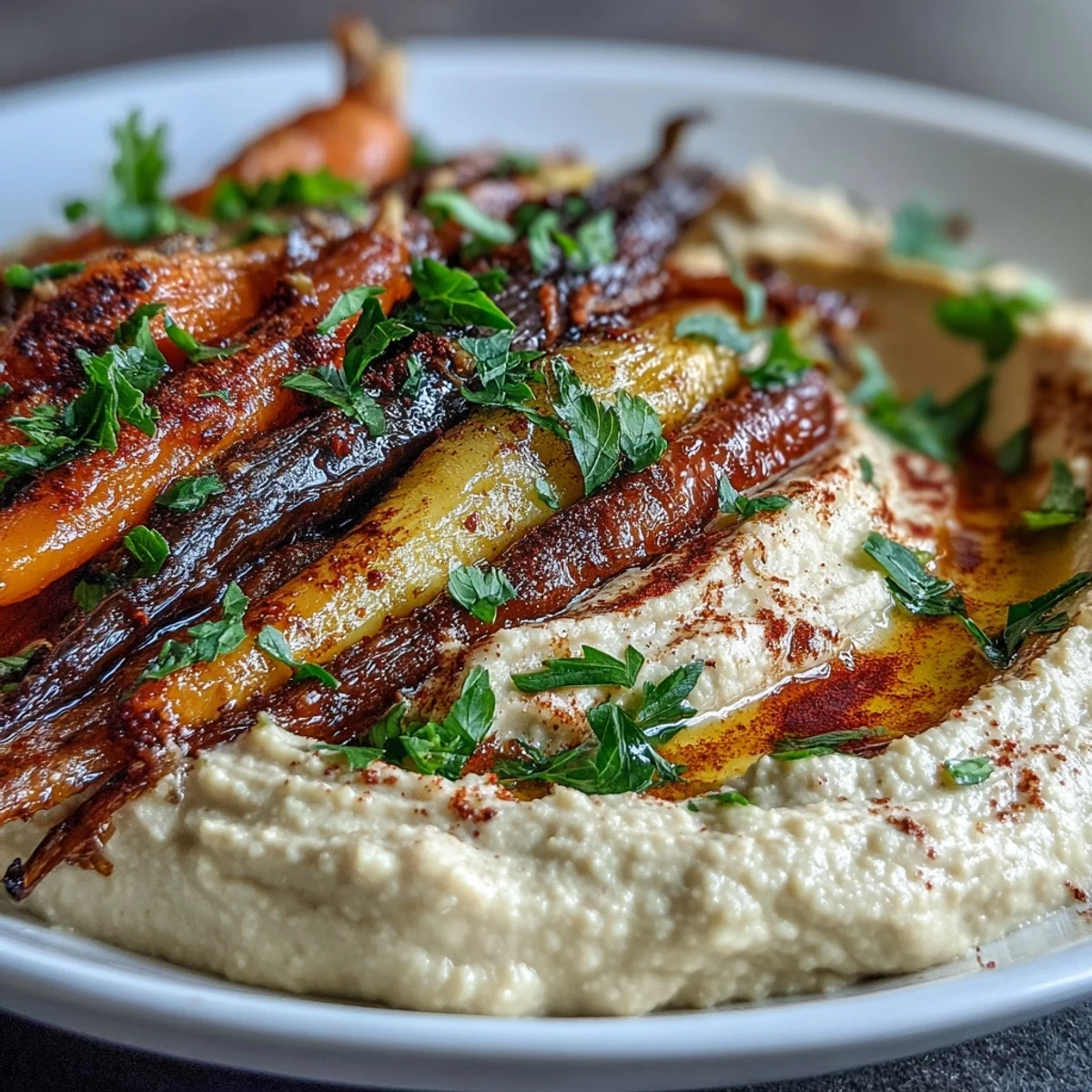 Oven-roasted rainbow carrots with creamy tahini hummus, a vibrant appetizer.