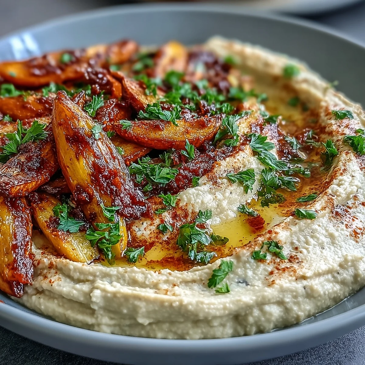 Colorful roasted rainbow carrots served with smooth homemade hummus, ideal for snacking.
