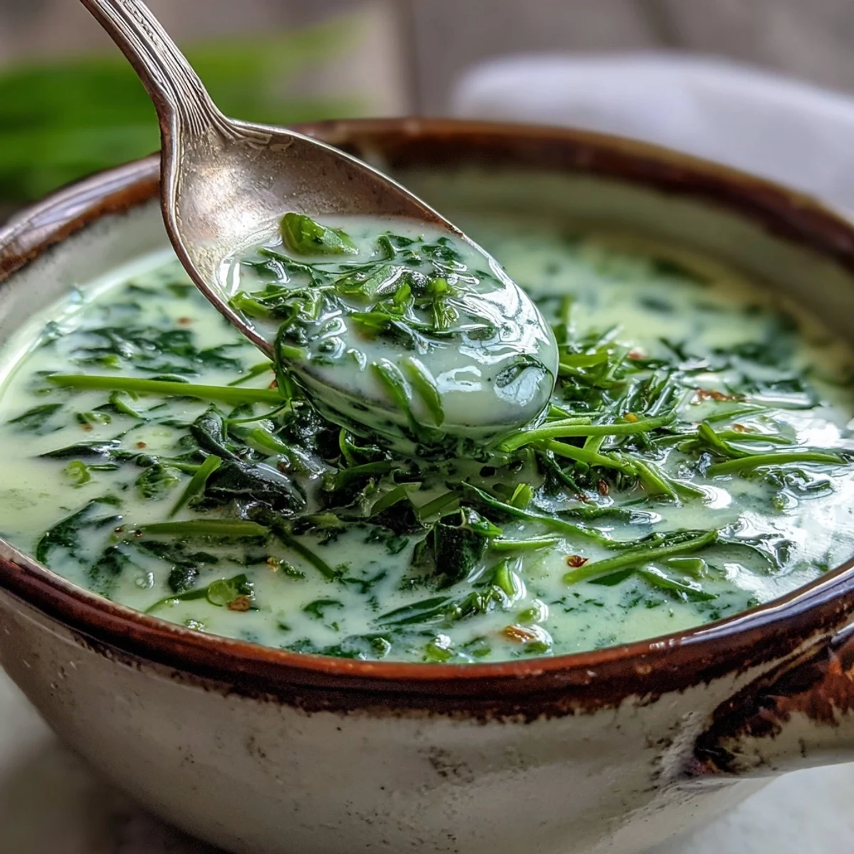 Creamy Spinach Coriander Lemongrass Soup garnished with fresh herbs and red chili, served steaming hot in a rustic bowl.