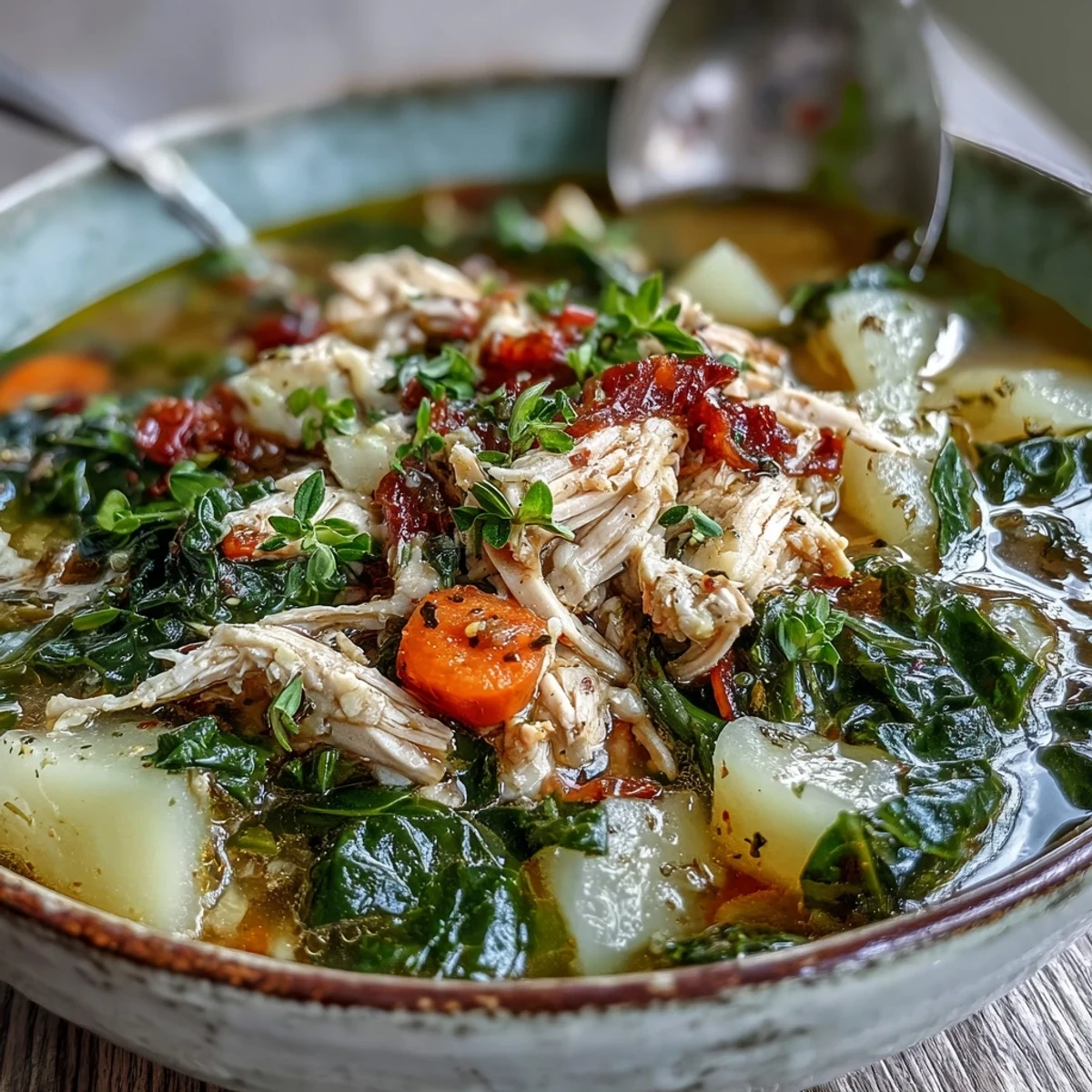 A close-up of Collard Greens, Chicken and Vegetable Soup, featuring tender shredded chicken, diced potatoes, and vibrant greens in a rich golden broth.