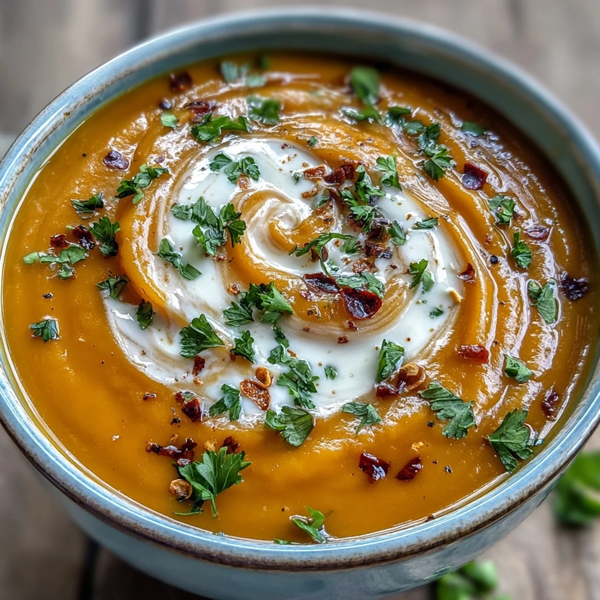 Bowl of spicy Carrot, Celeriac and Chilli Soup garnished with cilantro, ready for a cozy vegetarian meal.