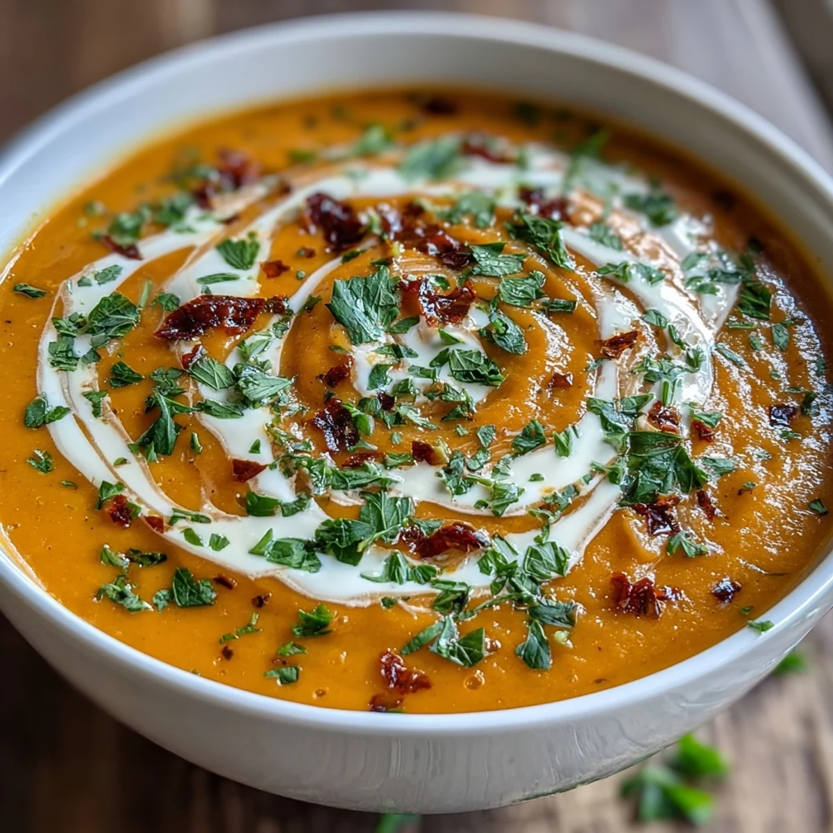 Creamy, vibrant Carrot, Celeriac and Chilli Soup served hot with a swirl of coconut yogurt and fresh herbs.