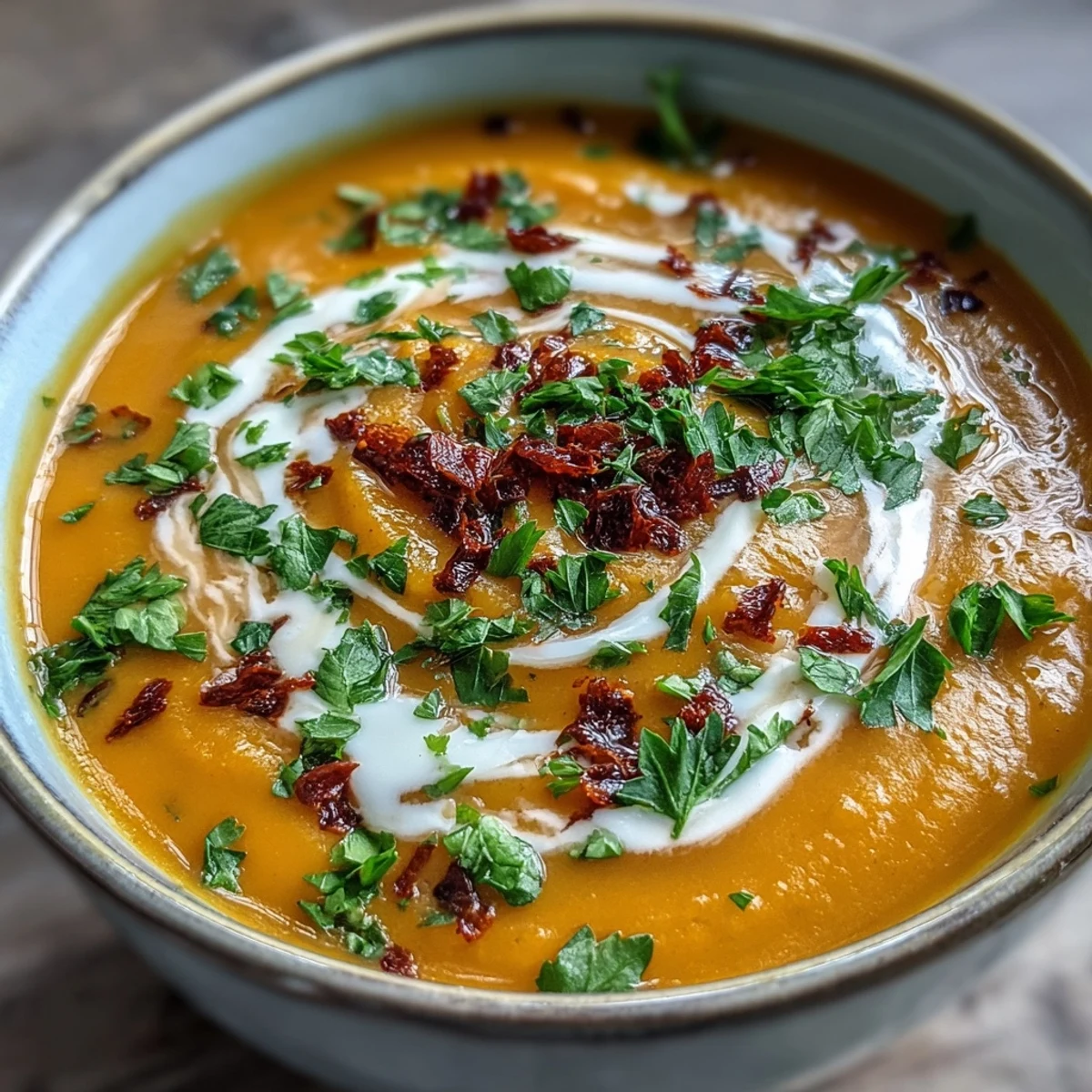 Healthy, golden Carrot, Celeriac and Chilli Soup blended smooth, with celeriac and carrots in a rustic ceramic bowl.