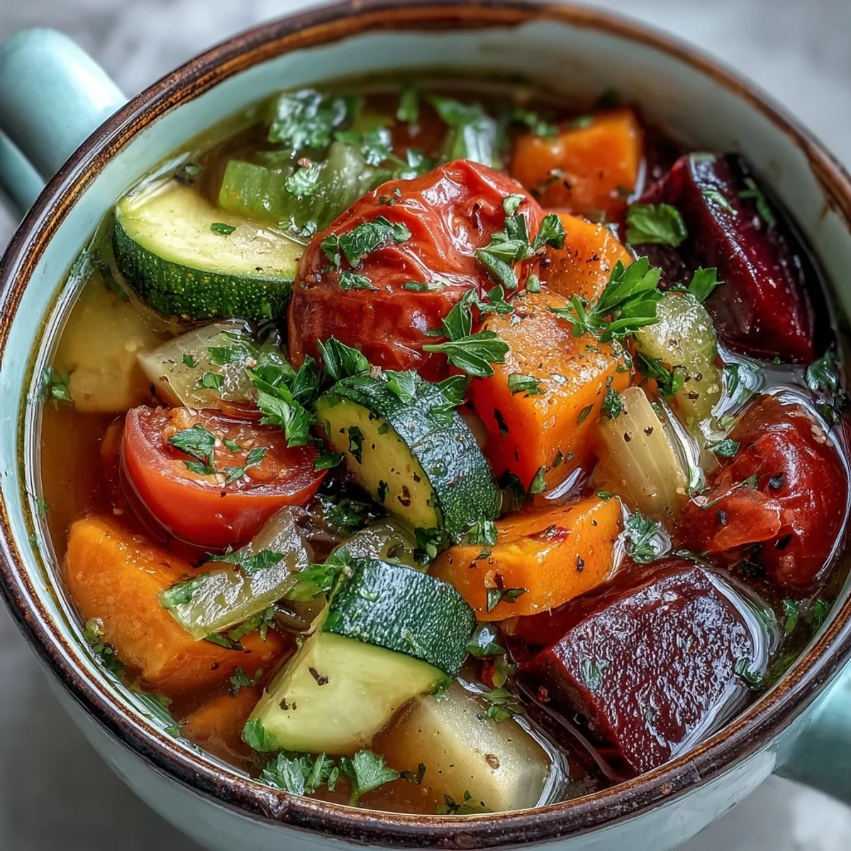 A close-up of a steaming bowl of Rainbow Vegetable Detox Soup, topped with fresh parsley and served beside a slice of crusty bread.