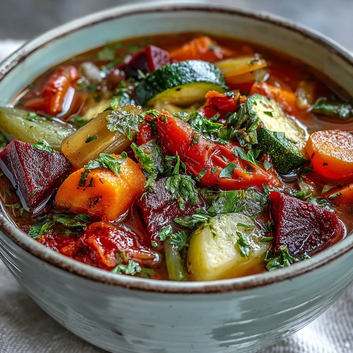 Brightly chopped tomatoes, zucchini, and red onion ready to be sautéed for a healthy, gluten-free Rainbow Vegetable Detox Soup.