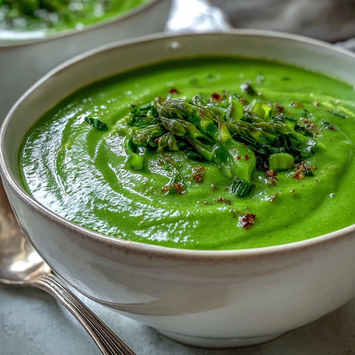 Steaming hot Big Green Immunity-Boosting Vegetable Soup served in a rustic white bowl, garnished with a lemon wedge and fresh herbs.  