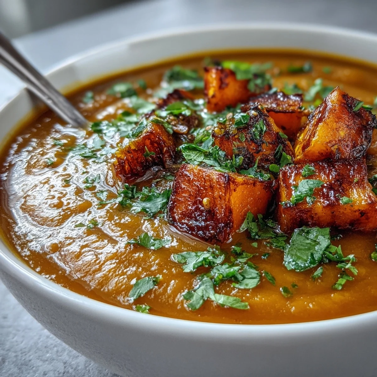 A warm bowl of homemade Butternut Squash and Lentil Soup served with crusty bread for dipping.