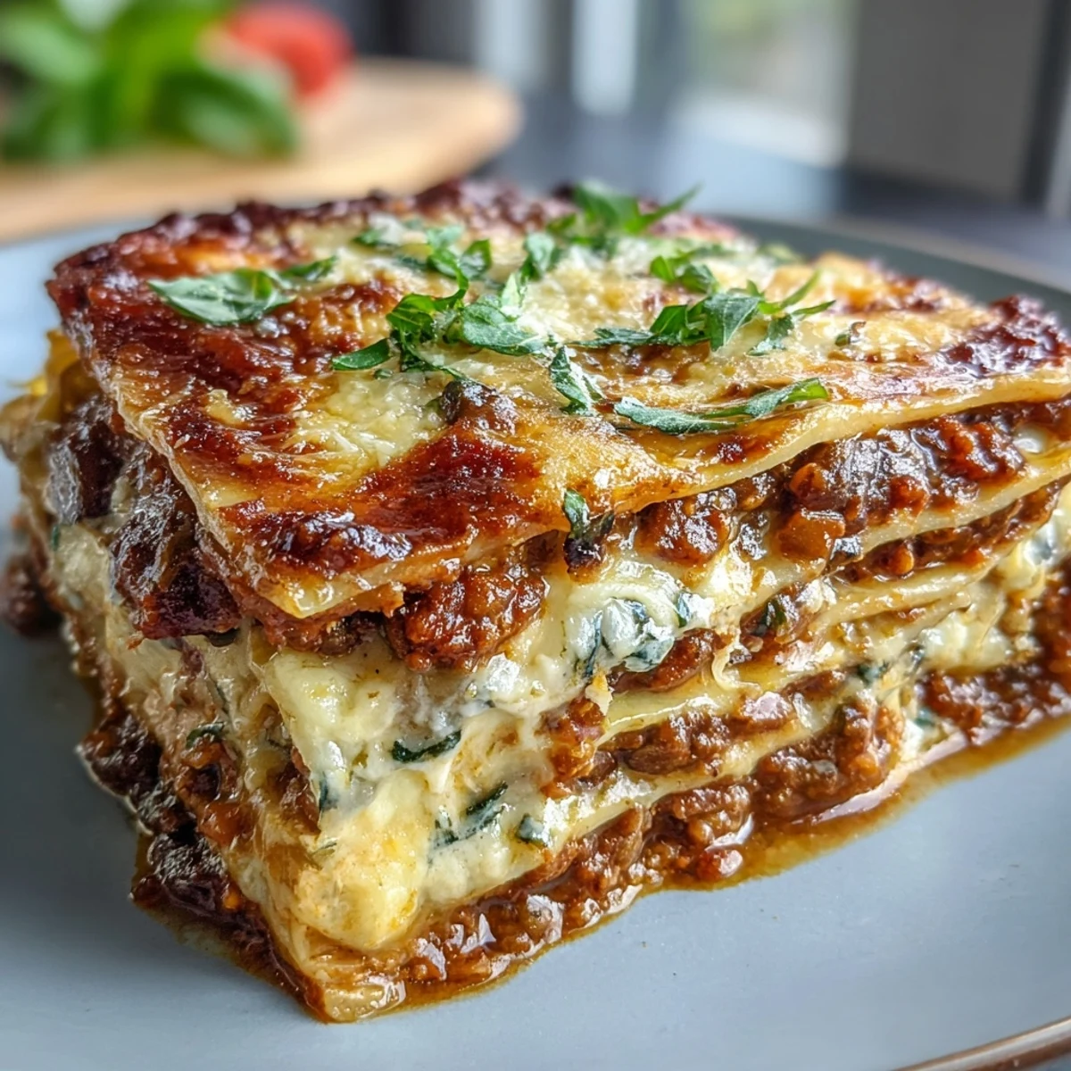 Steam rises from a golden-topped One-Pan Smoky Veggie Lentil Lasagne in a skillet, highlighting its rich, smoky vegetable filling.
