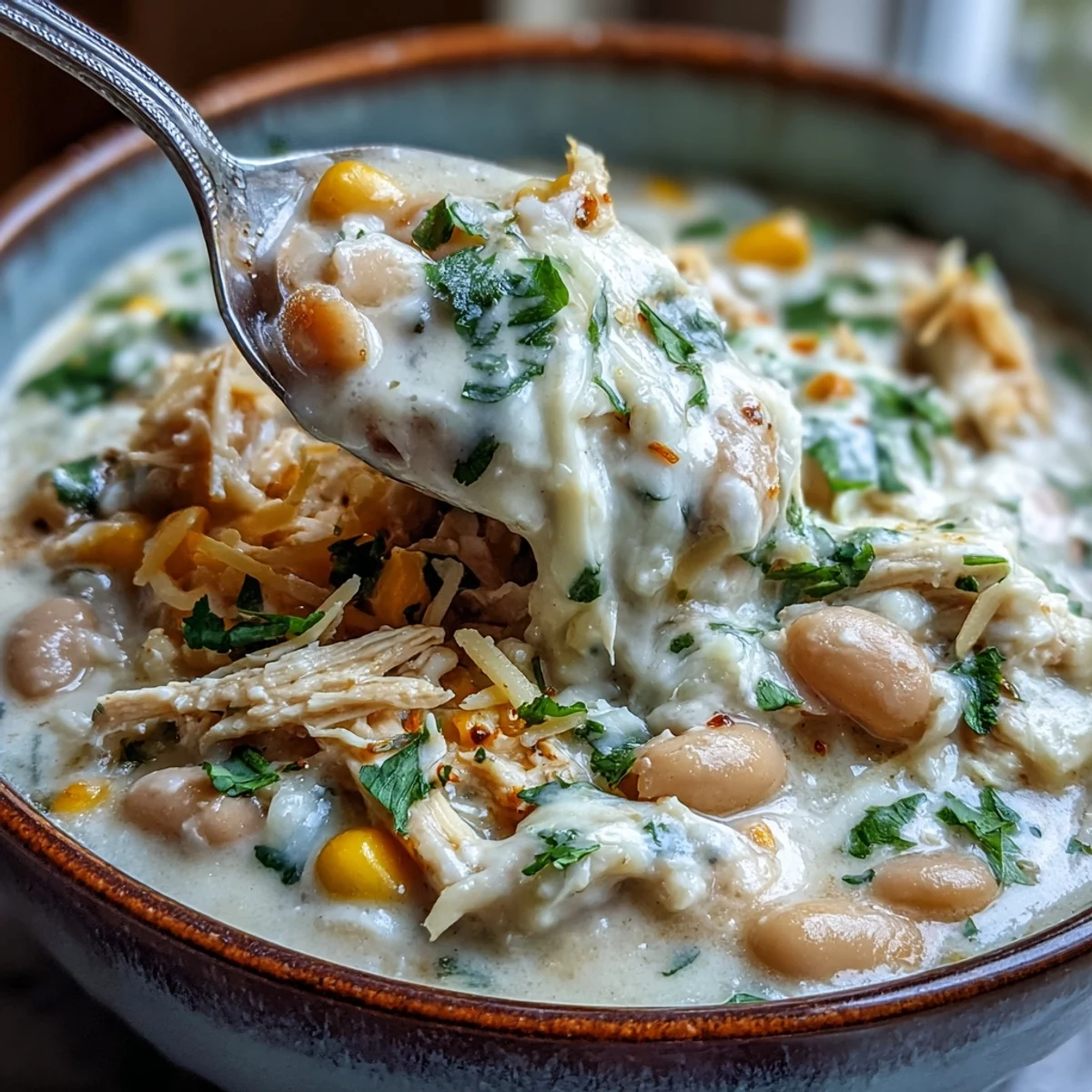 A close-up of creamy White Chicken Chili in a rustic bowl, topped with fresh cilantro, green onions, and shredded cheese.