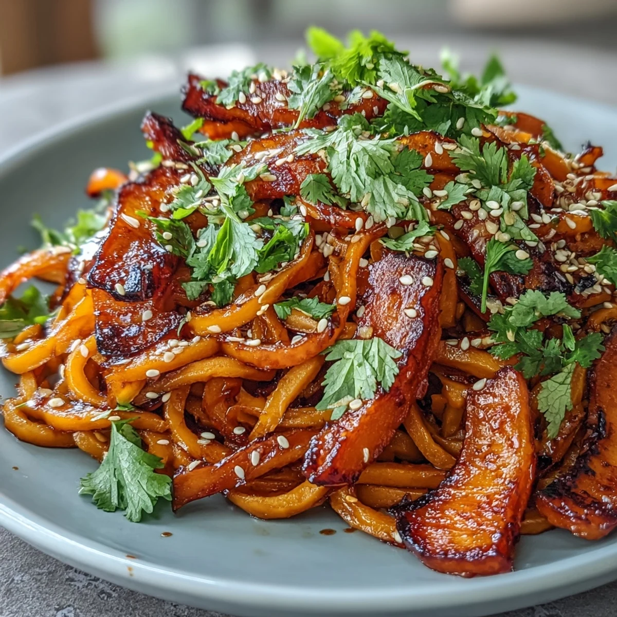 Golden roasted swede ribbons glisten in this Gochujang Swede Noodles dish, tossed with vibrant carrots and scallions in a glossy red dressing.