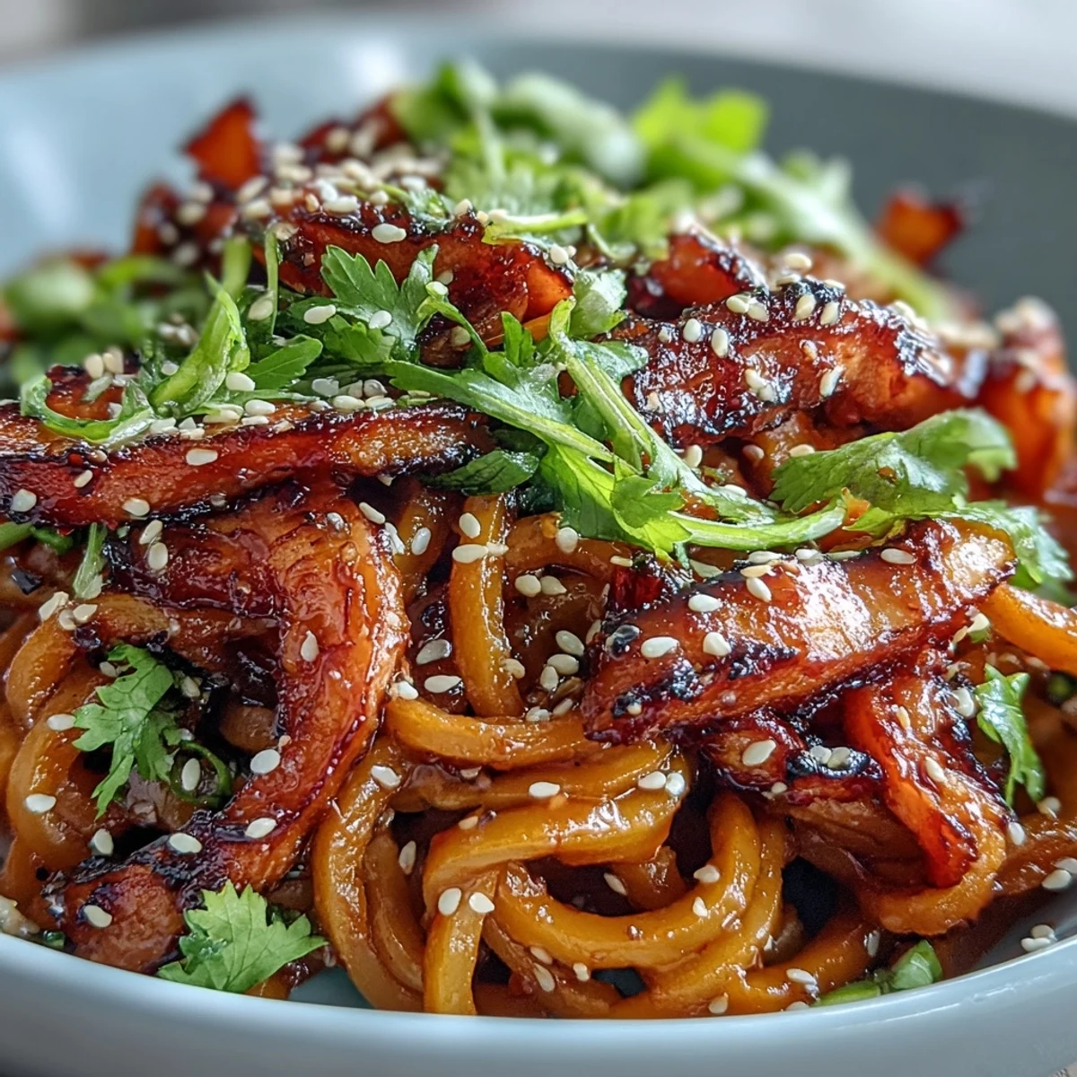 Fork-tender swede ribbons nestle in rice noodles for these Gochujang Swede Noodles, garnished with cilantro and toasted sesame seeds for a hearty vegan meal.