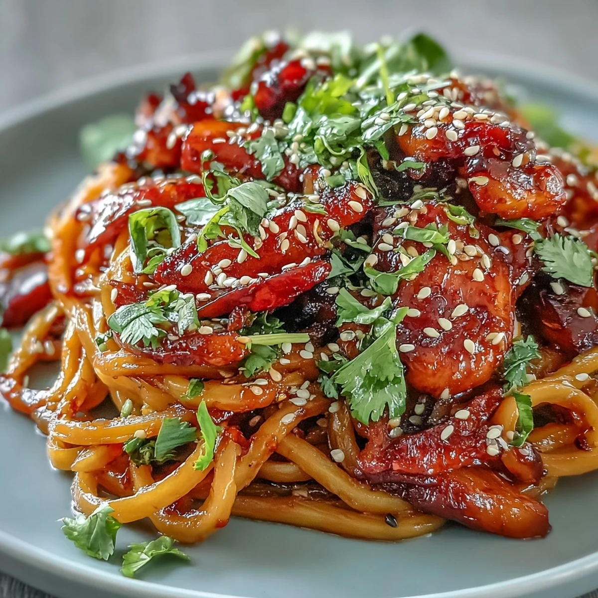 Steam rises from a warm bowl of Gochujang Swede Noodles, featuring glazed swede, crisp bean sprouts, and a sweet-spicy gochujang sauce.