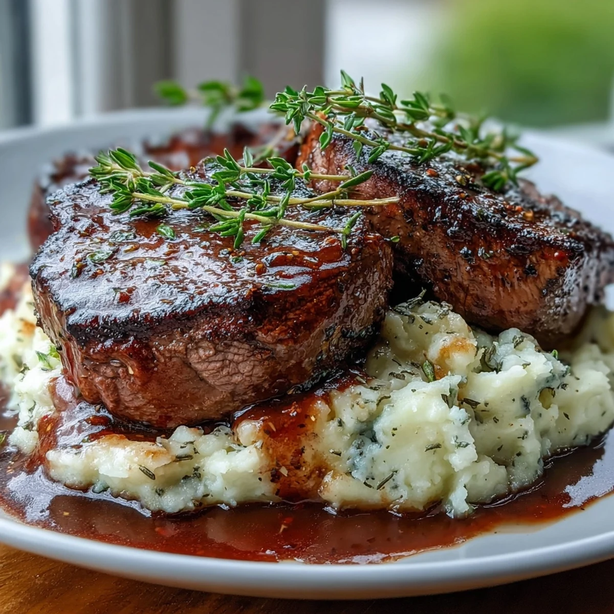 Pan-seared Venison Steaks with Caraway Crushed Swede topped with a glossy red wine reduction.