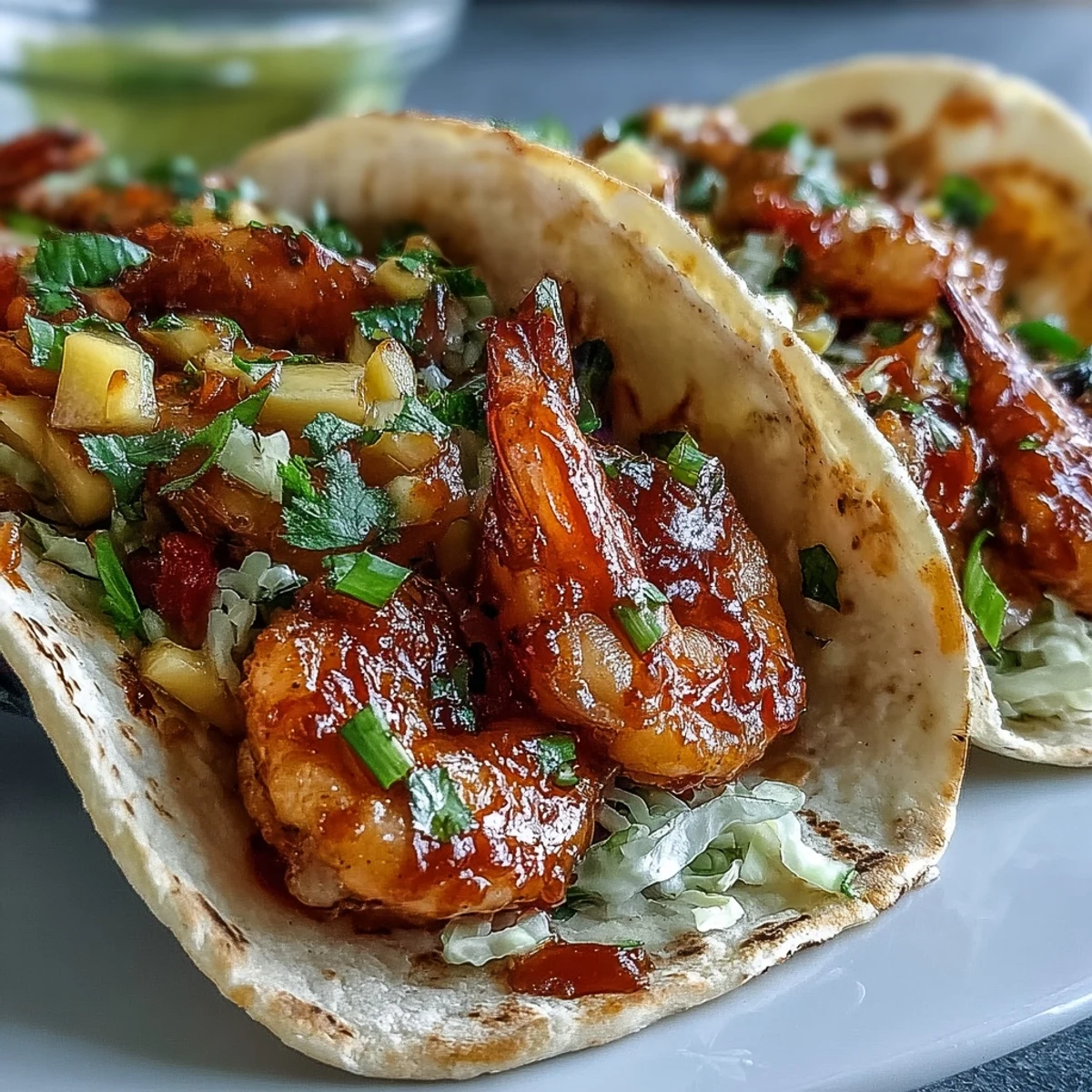 Crispy sriracha shrimp tacos topped with mango salsa and shredded red cabbage, drizzled with spicy sauce.