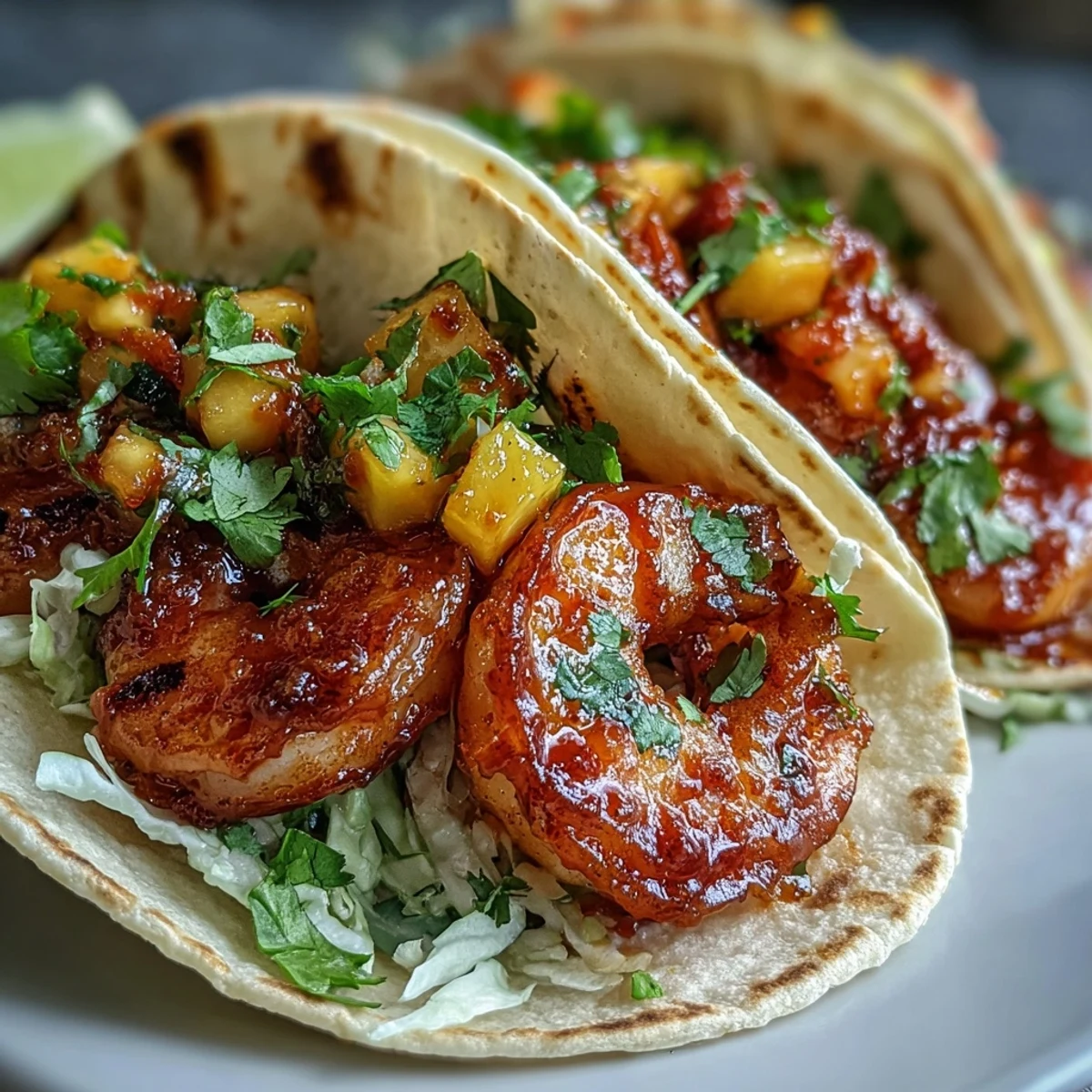 Fresh mango salsa adds sweet and tangy flavor to warm tortillas filled with sautéed spicy shrimp.