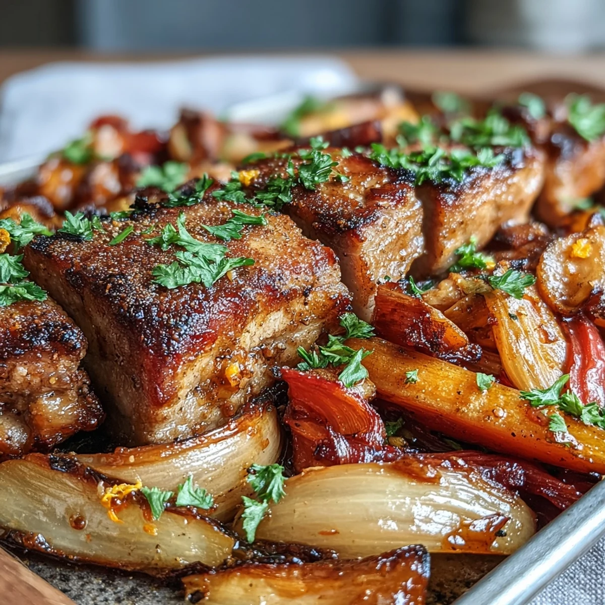 Golden slices of roasted Pork and Aromatic Rhubarb Traybake rest next to pink, caramelized fruit on a rustic platter.